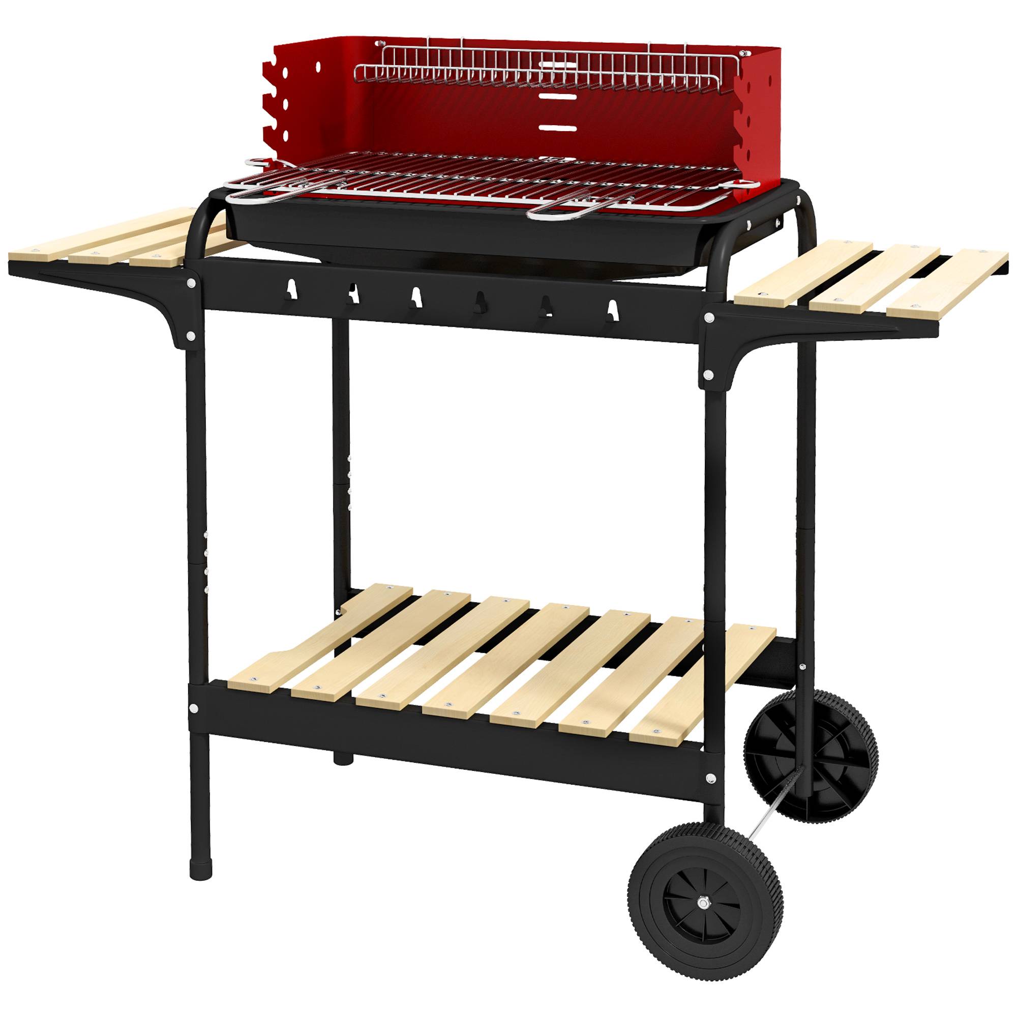 Sans Marque - Barbecue au charbon de bois avec grille réglable et 3 étagères en métal et bois, 103 x 47 x 95 cm, rouge - Image 2