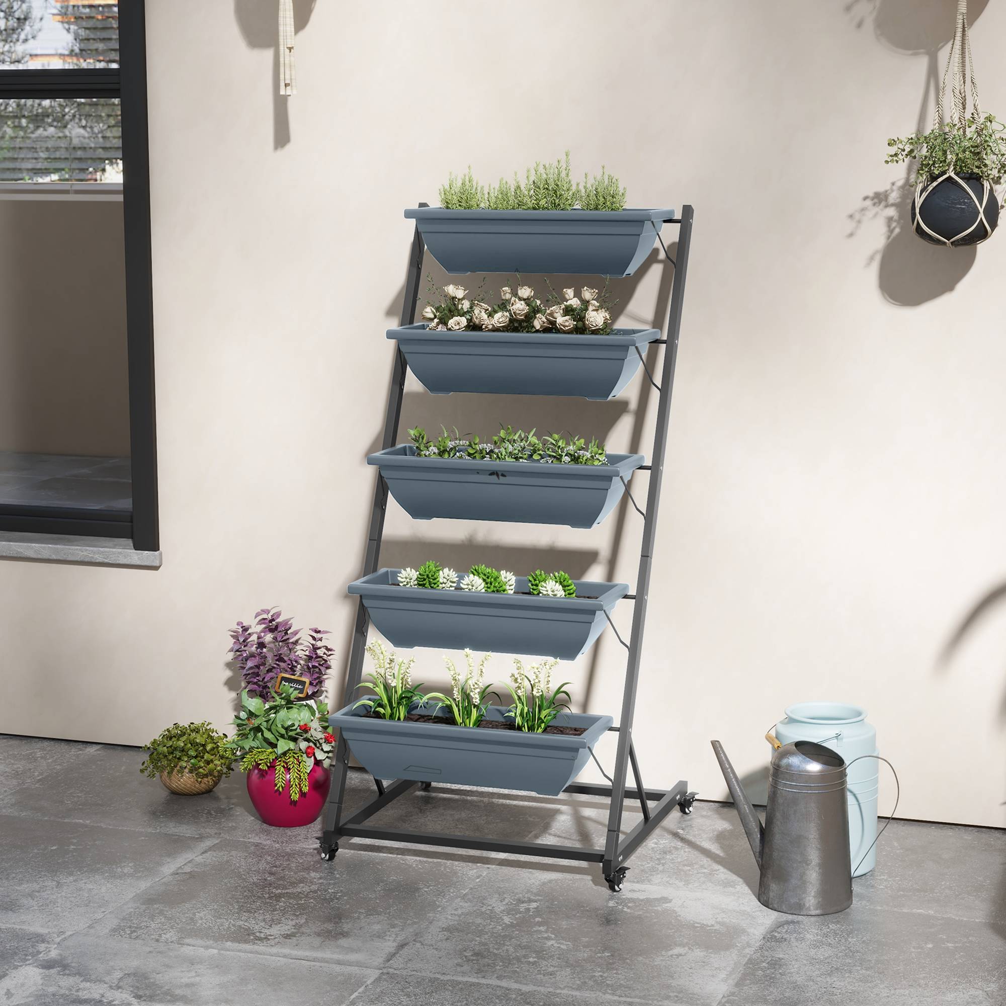 Escalier plantes, étagère, empilable, résistant intempéries, 65x67x145 cm, gris + noir - Image 4