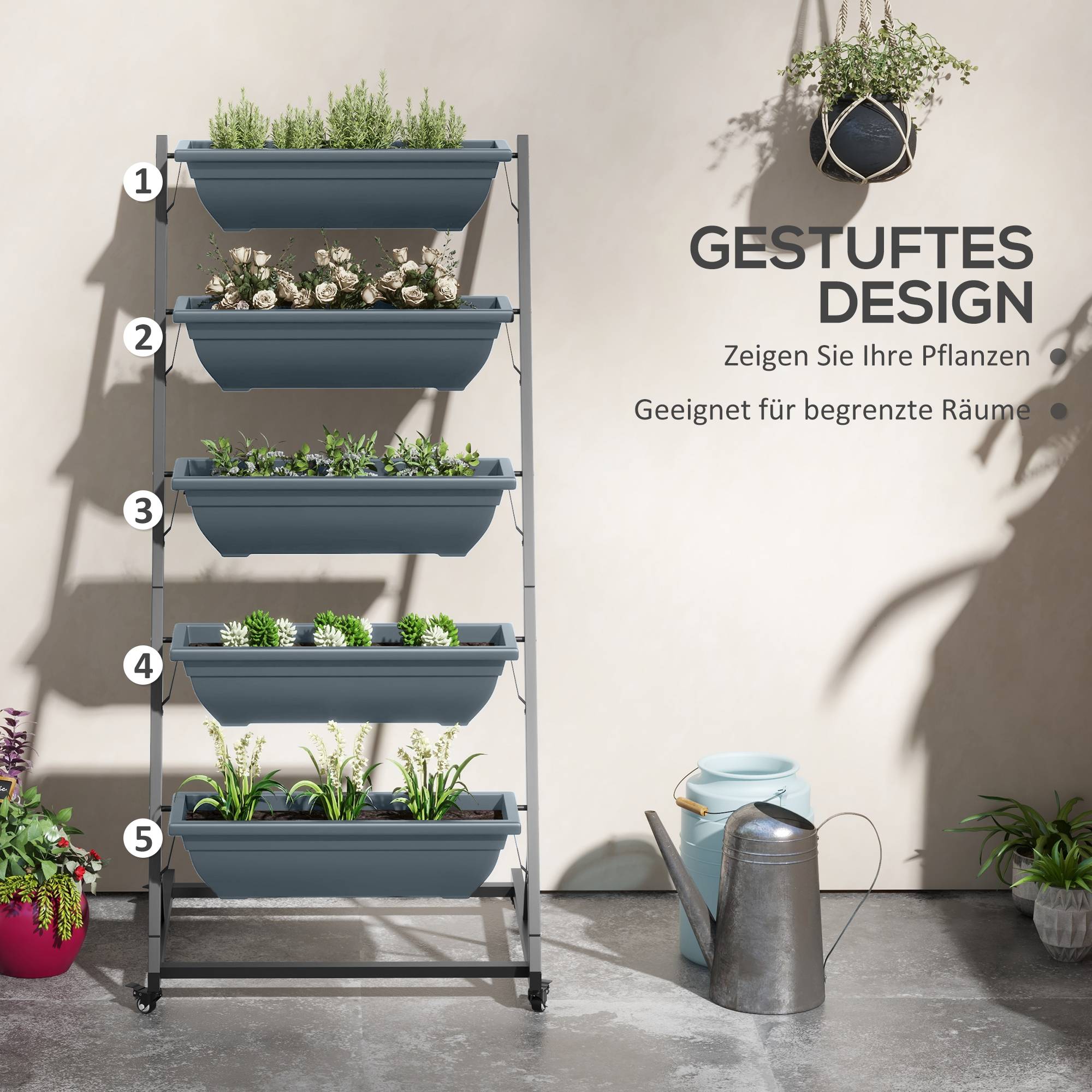 Escalier plantes, étagère, empilable, résistant intempéries, 65x67x145 cm, gris + noir - Image 6
