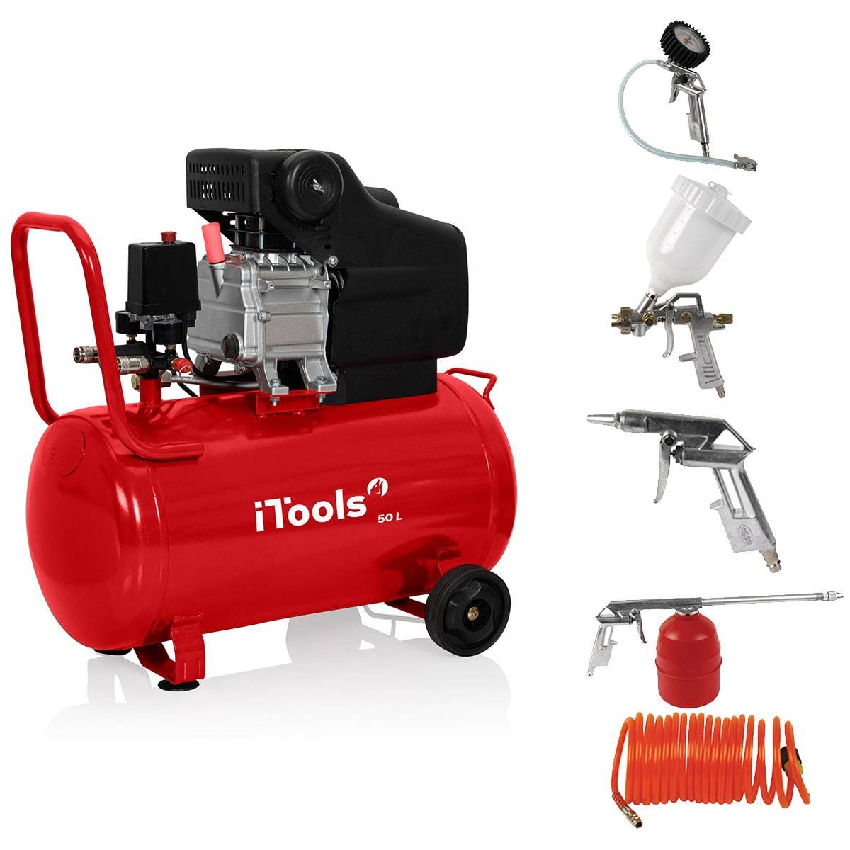 Compresseur d'air 50L 8 bar 115 PSI Silencieux 2CV 1.5KW + Kit 5 accessoires air comprimé ITOOLS - Image 1