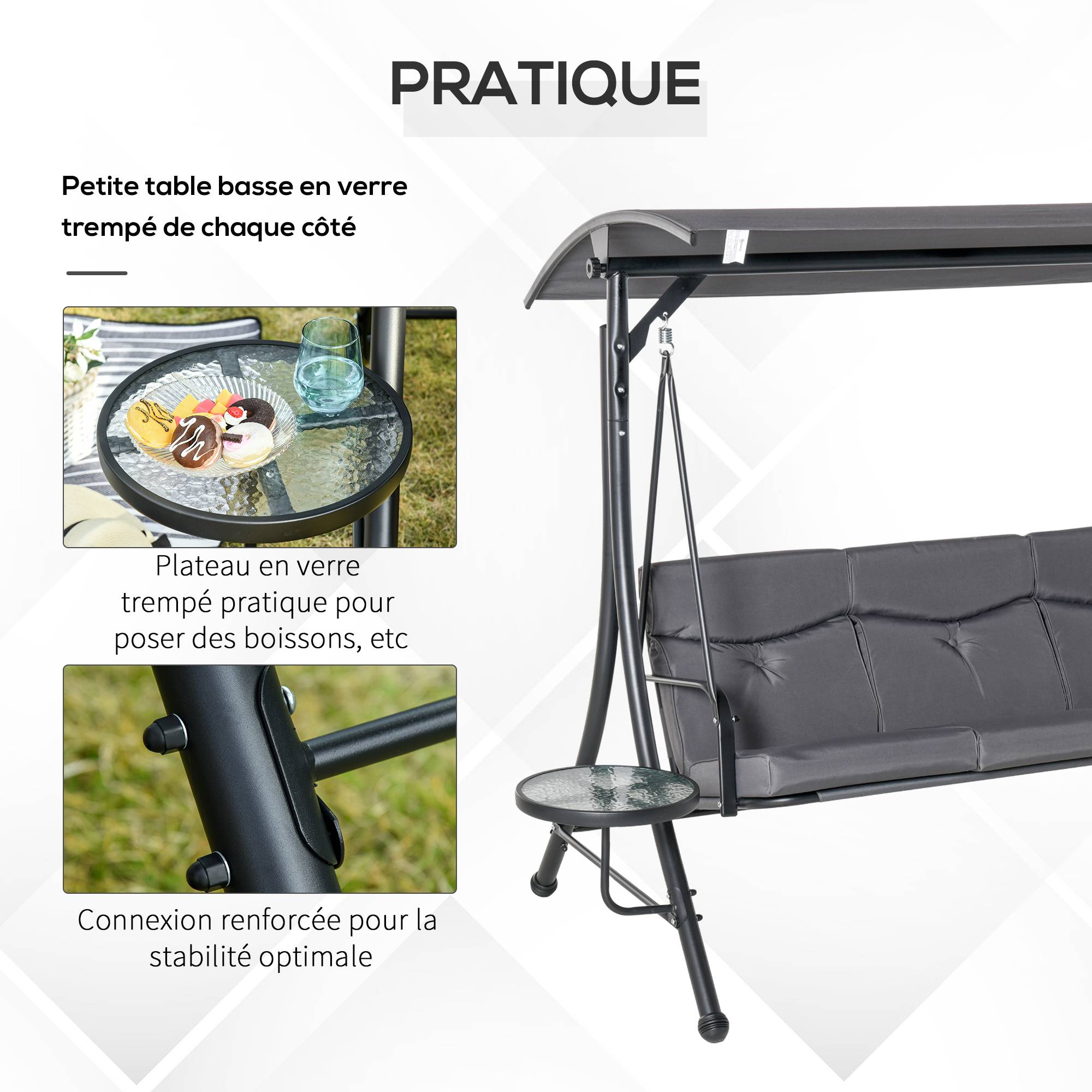 Outsunny - Balancelle de jardin 3 places grand confort toit inclinaison réglable épais coussins amovibles 2 tablettes polyester métal époxy gris - Outsunny - Image 3