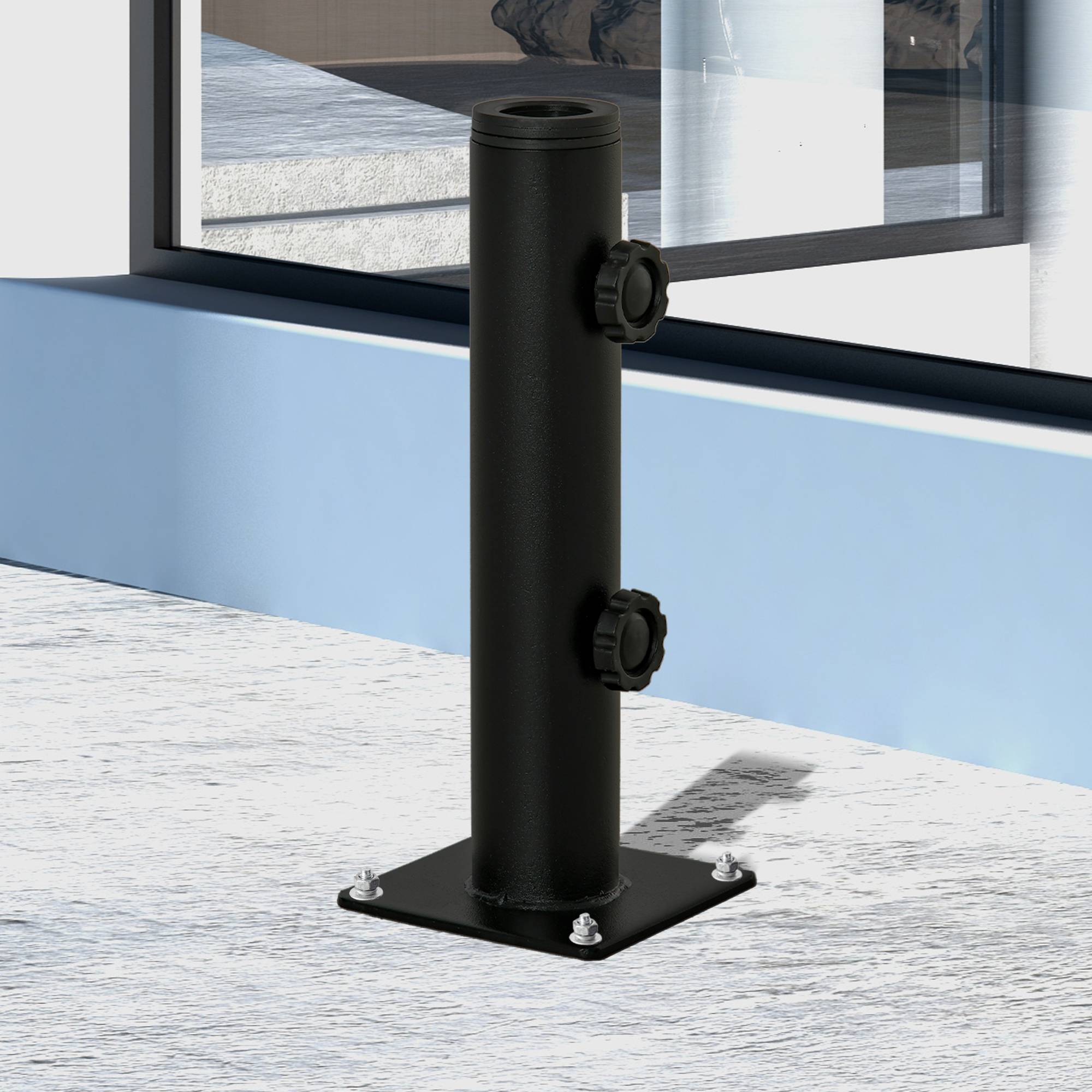 Support parasol sol beton, 2 boutons verrouillage, 4 vis expansion, mats 34/38/48mm, 12x12x30 cm noir - Image 3