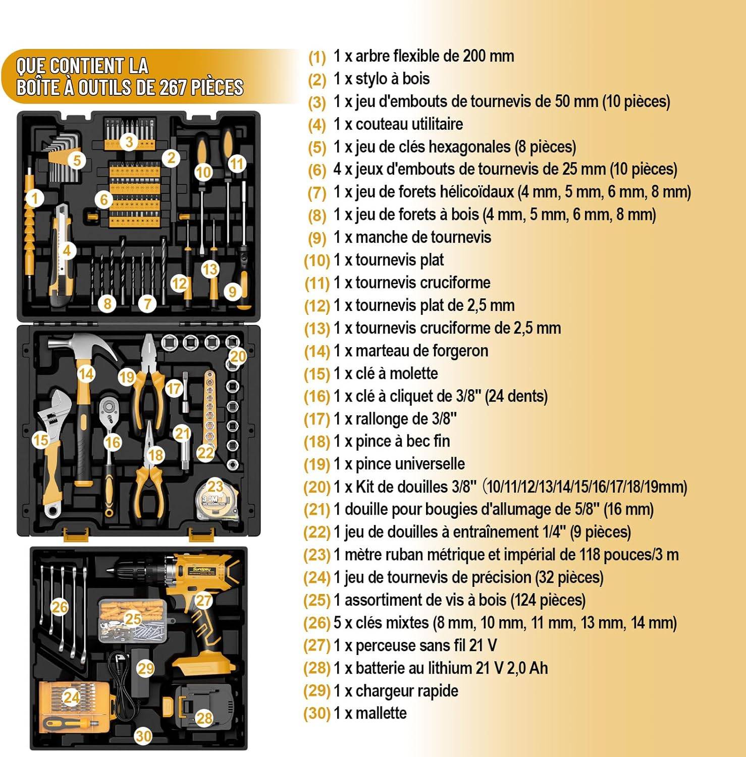 Coffret à outils de 267 pièces, comprenant un tournevis et une perceuse sans fil 21V, un coffret à outils complet. Sundpey - Image 3