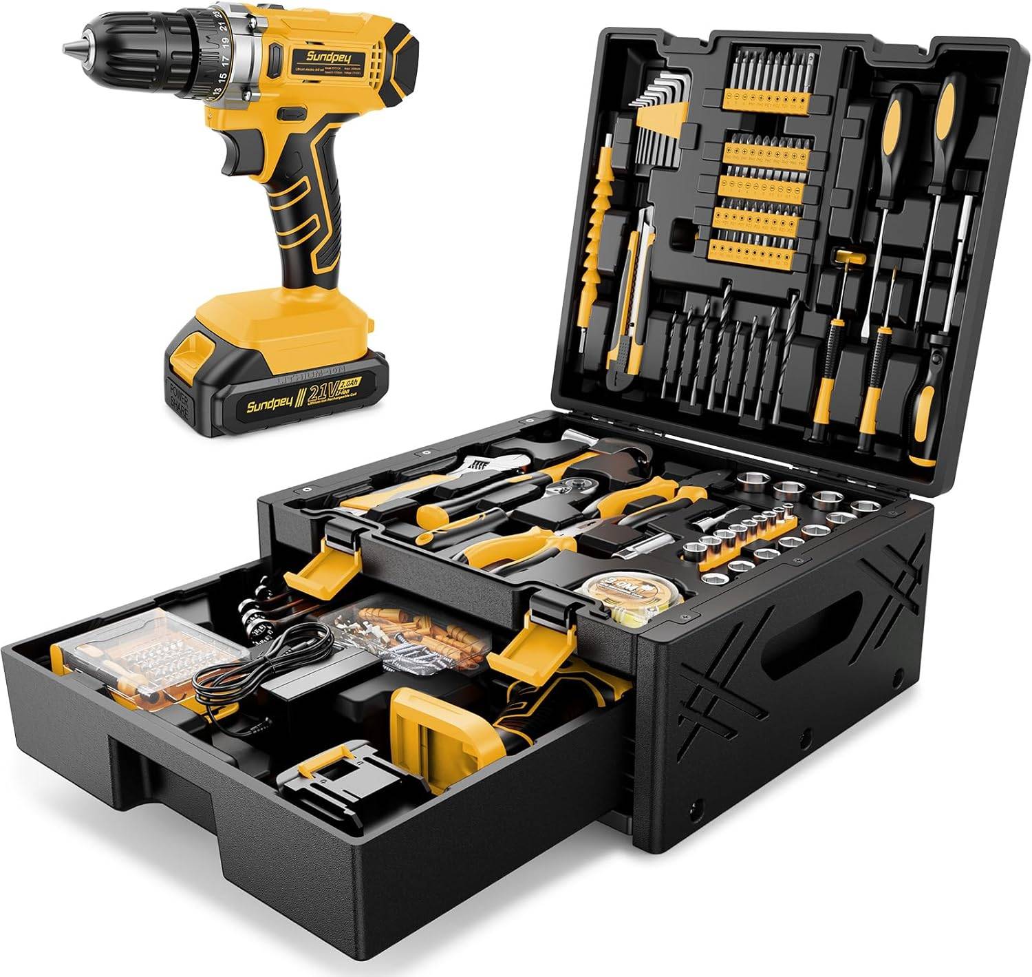 Coffret à outils de 267 pièces, comprenant un tournevis et une perceuse sans fil 21V, un coffret à outils complet. Sundpey - Image 1