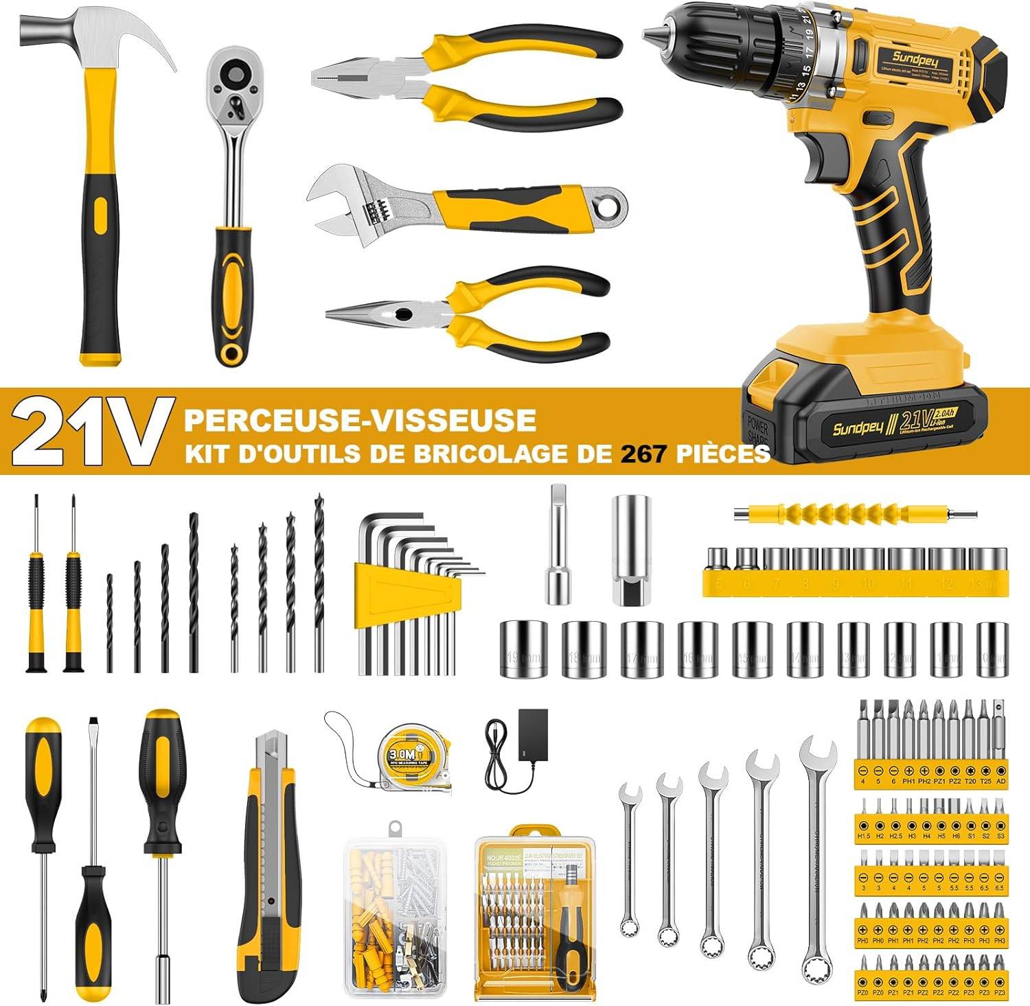 Coffret à outils de 267 pièces, comprenant un tournevis et une perceuse sans fil 21V, un coffret à outils complet. Sundpey - Image 2