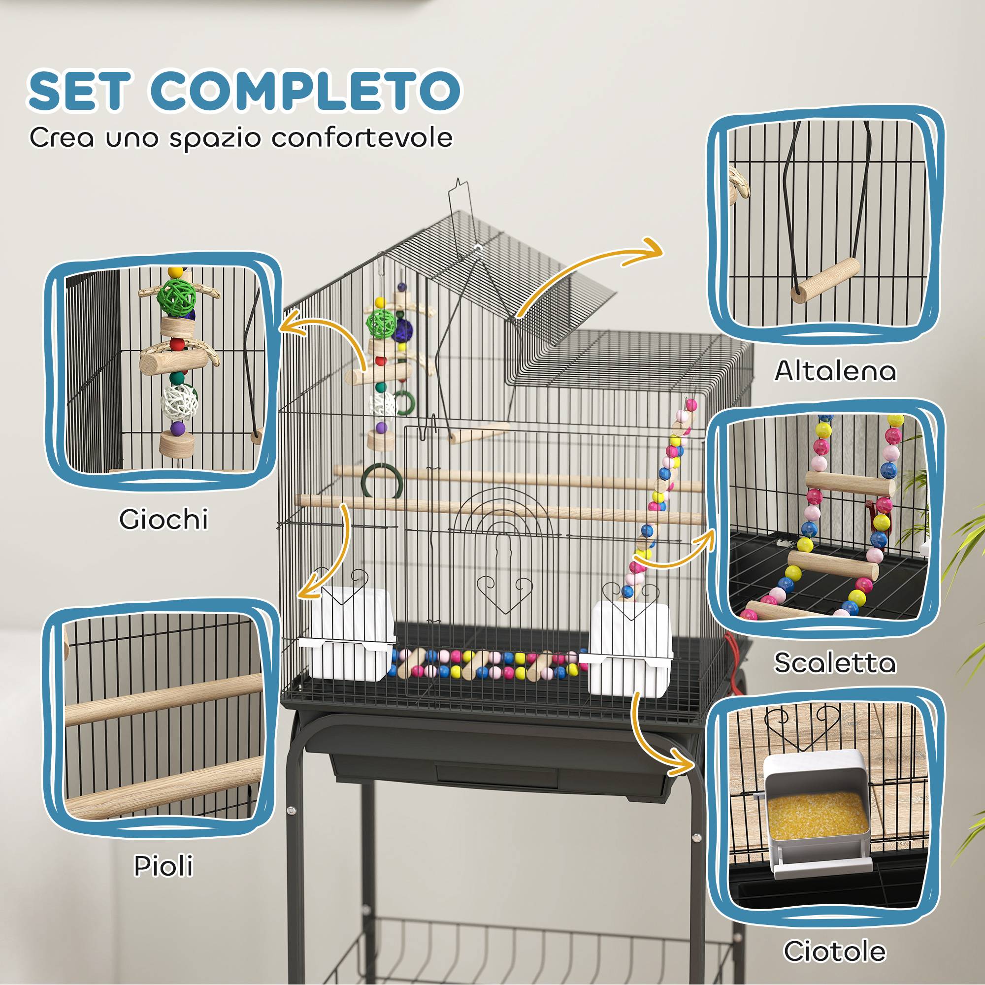 Cage à oiseaux avec support, roulettes pivotantes, étagère et accessoires, 46 x 36 x 120 cm, noire - Image 6