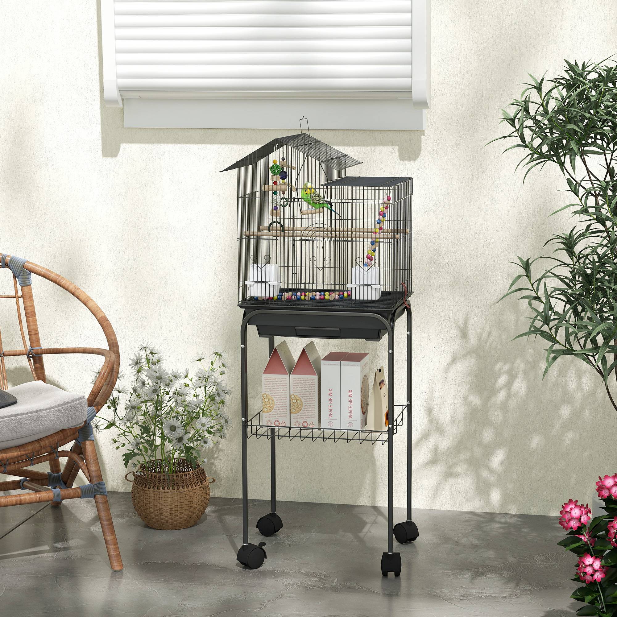 Cage à oiseaux avec support, roulettes pivotantes, étagère et accessoires, 46 x 36 x 120 cm, noire - Image 4