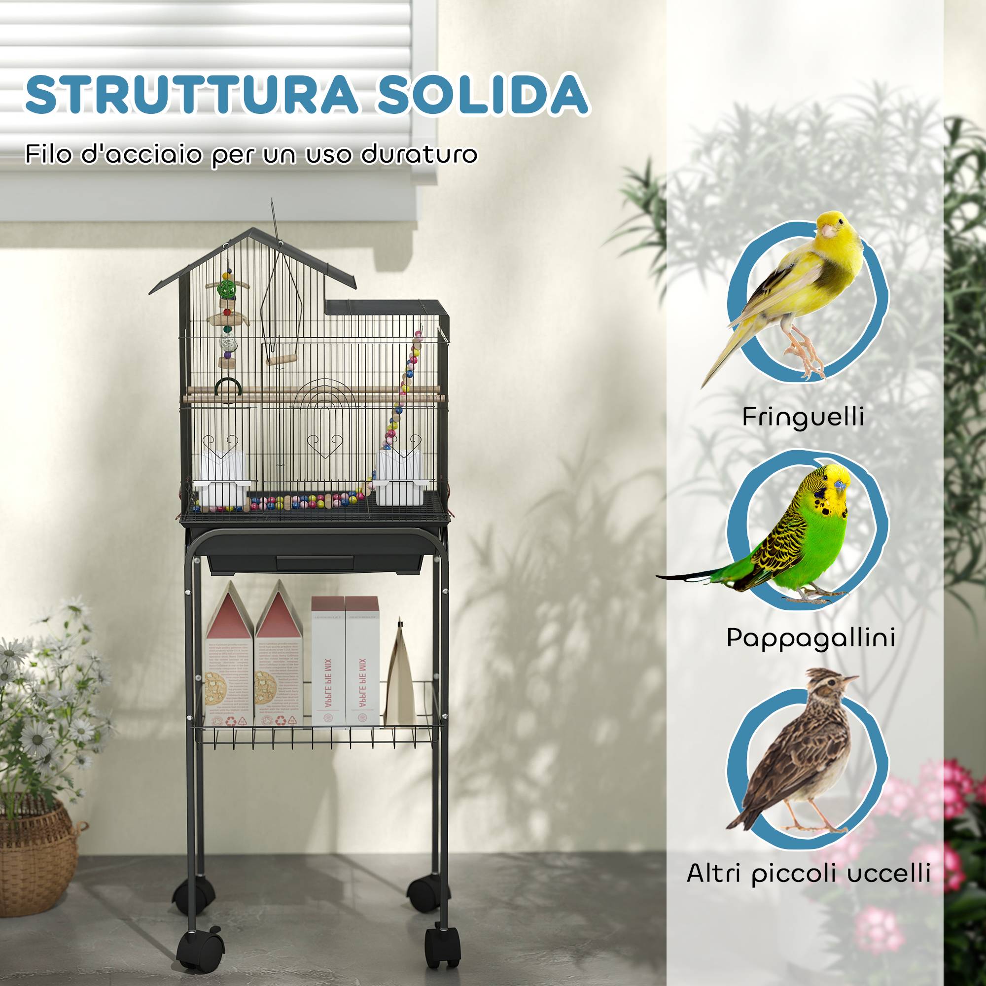 Cage à oiseaux avec support, roulettes pivotantes, étagère et accessoires, 46 x 36 x 120 cm, noire - Image 8