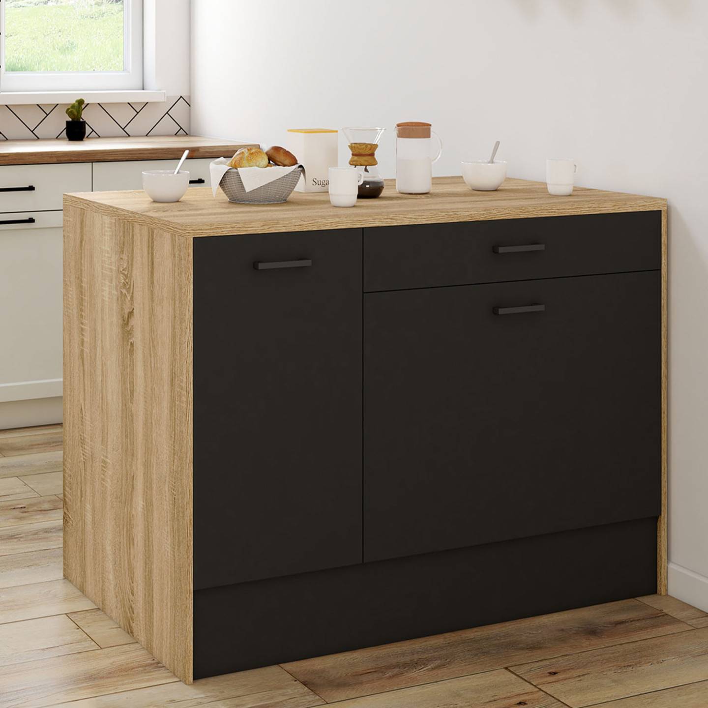 Ilot central LIO 120 cm maxi capacité de rangement bois et noir - Image 1