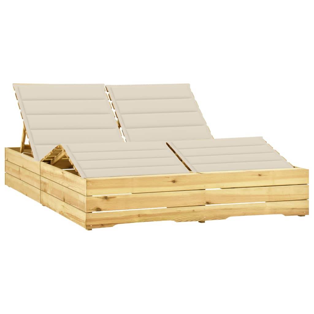 Helloshop26 - Transat chaise longue bain de soleil lit de jardin terrasse meuble d'extérieur double et coussins crème bois de pin imprégné - Image 1