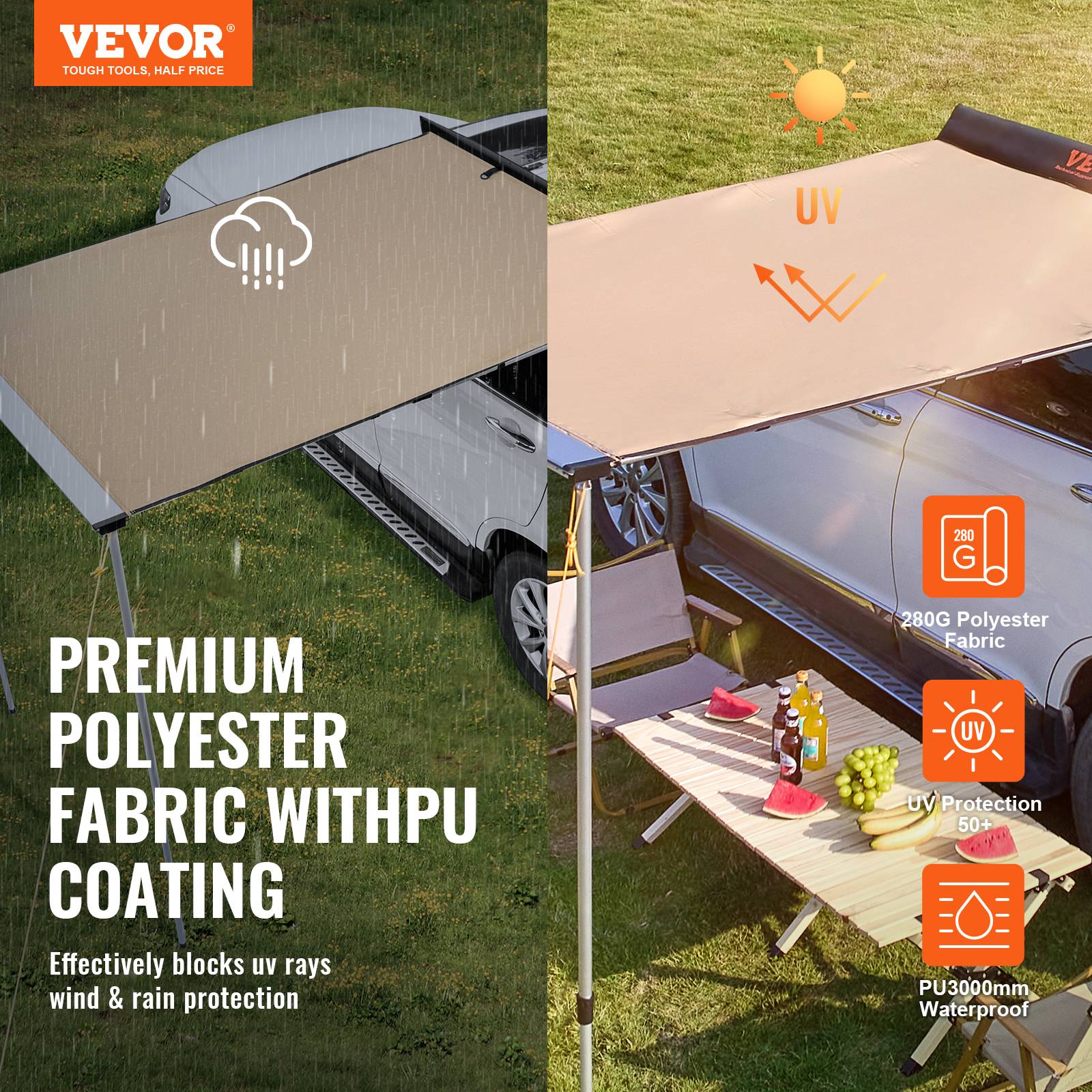 VEVOR Auvent voiture rétractable 2x2.5m, PU3000mm UV50+, résistant soleil/eau/vent, pour camping-cars. - Image 2