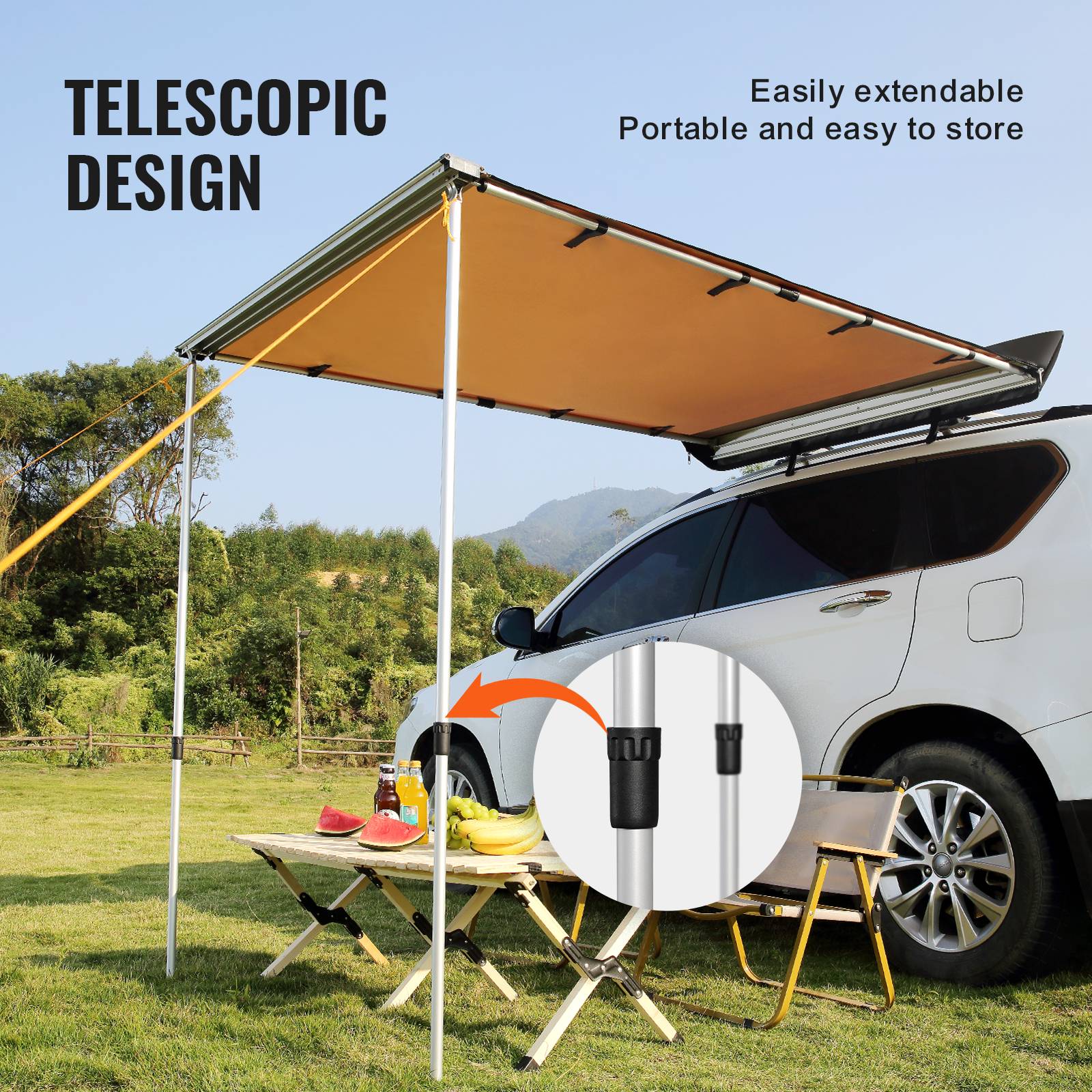 VEVOR Auvent voiture rétractable 2x2.5m, PU3000mm UV50+, résistant soleil/eau/vent, pour camping-cars. - Image 4