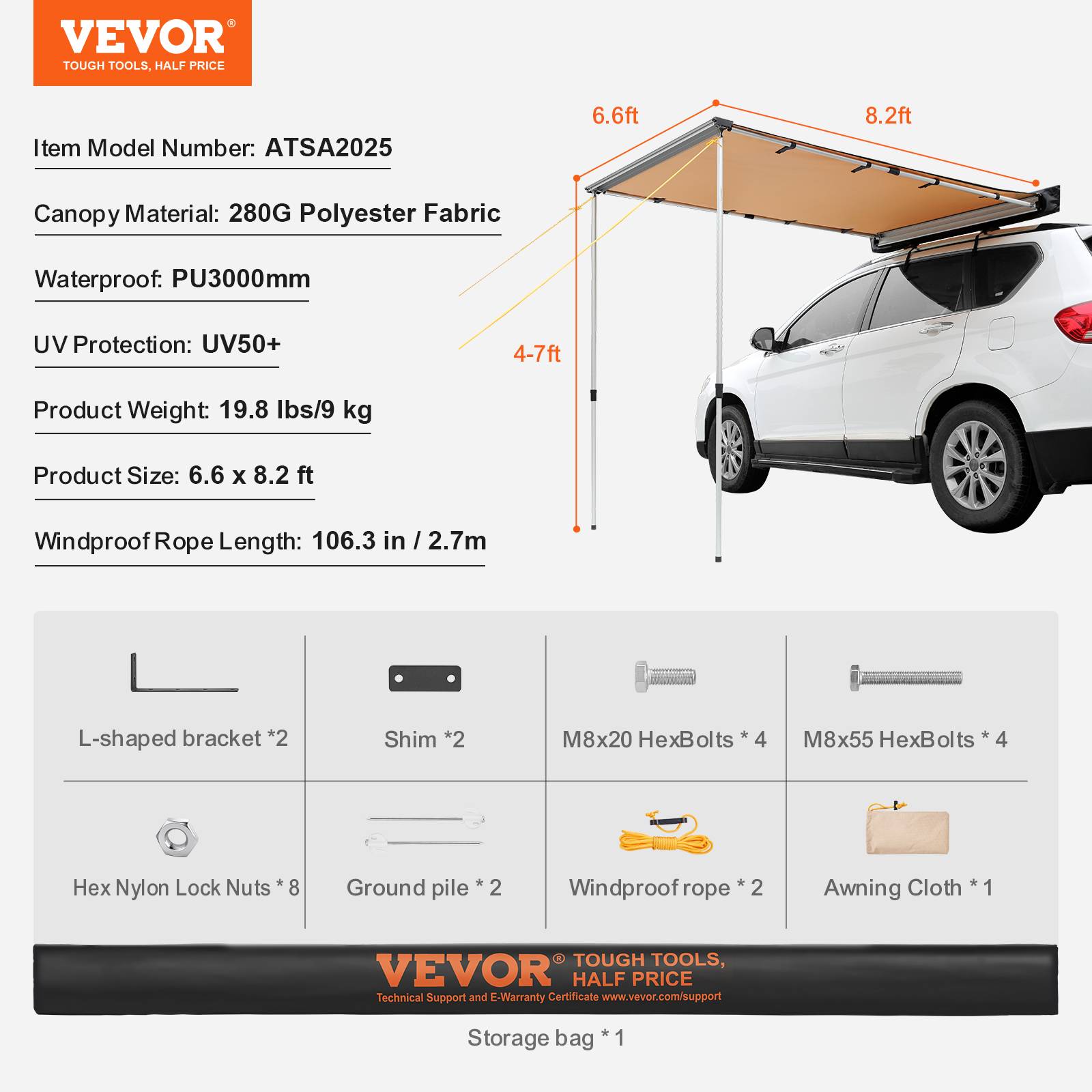 VEVOR Auvent voiture rétractable 2x2.5m, PU3000mm UV50+, résistant soleil/eau/vent, pour camping-cars. - Image 7