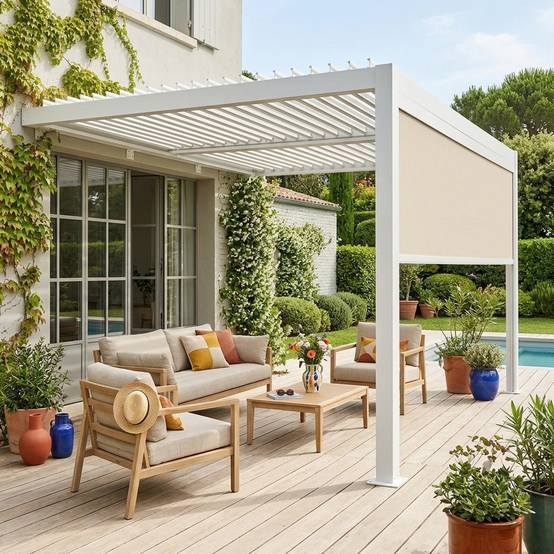 sweeek - Pergola bioclimatique aluminium adossée 4x3m blanc + 1 store 4m Palace | sweeek - Image 1