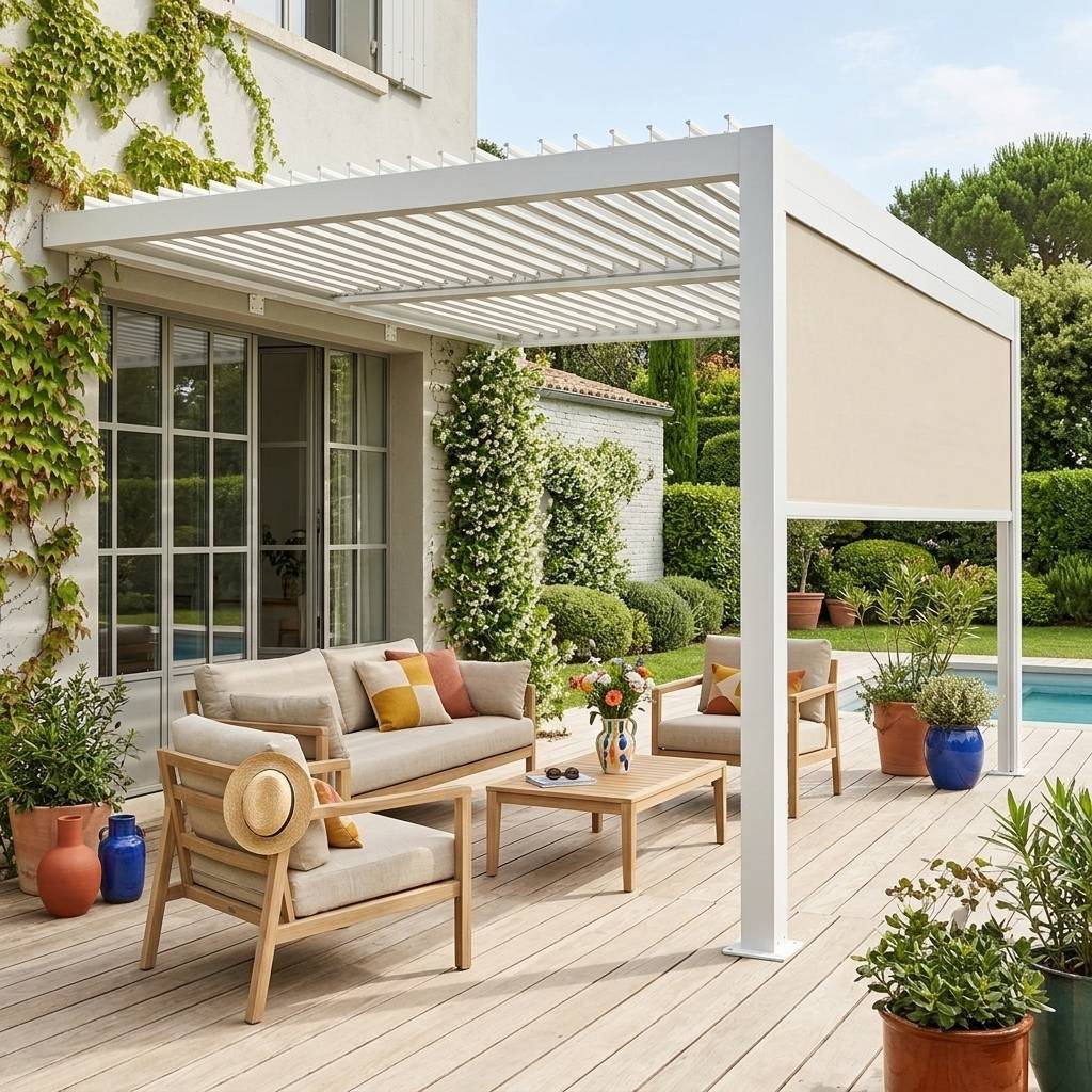 sweeek - Pergola bioclimatique aluminium adossée 4x3m blanc + 1 store 4m Palace | sweeek - Image 1