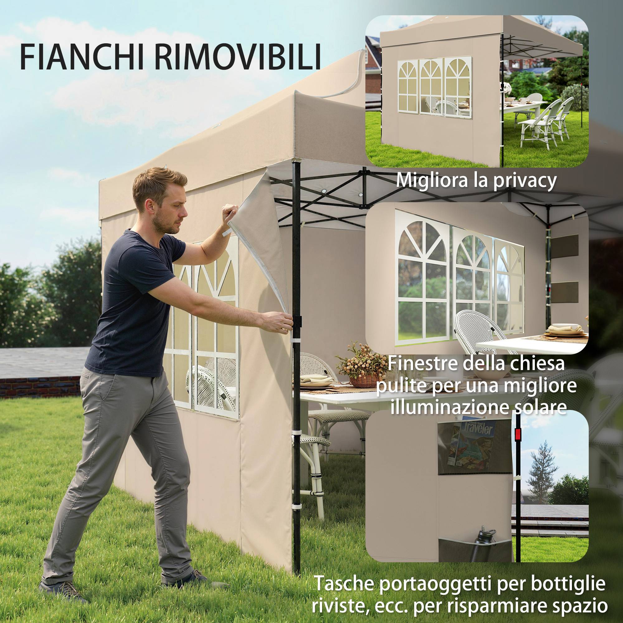 Tonnelle pliante 2,9x4,3 m métal Oxford parois latérales fenêtres UV marron sable - Image 8