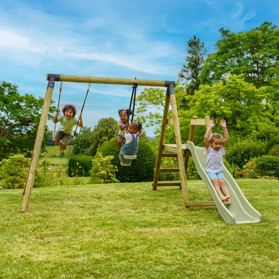 Tp Toys - Station de jeux en bois Arbousier FSC H.190 cm avec balançoire, vis-à-vis, toboggan et kit d’ancrage – TP TOYS - Image 1
