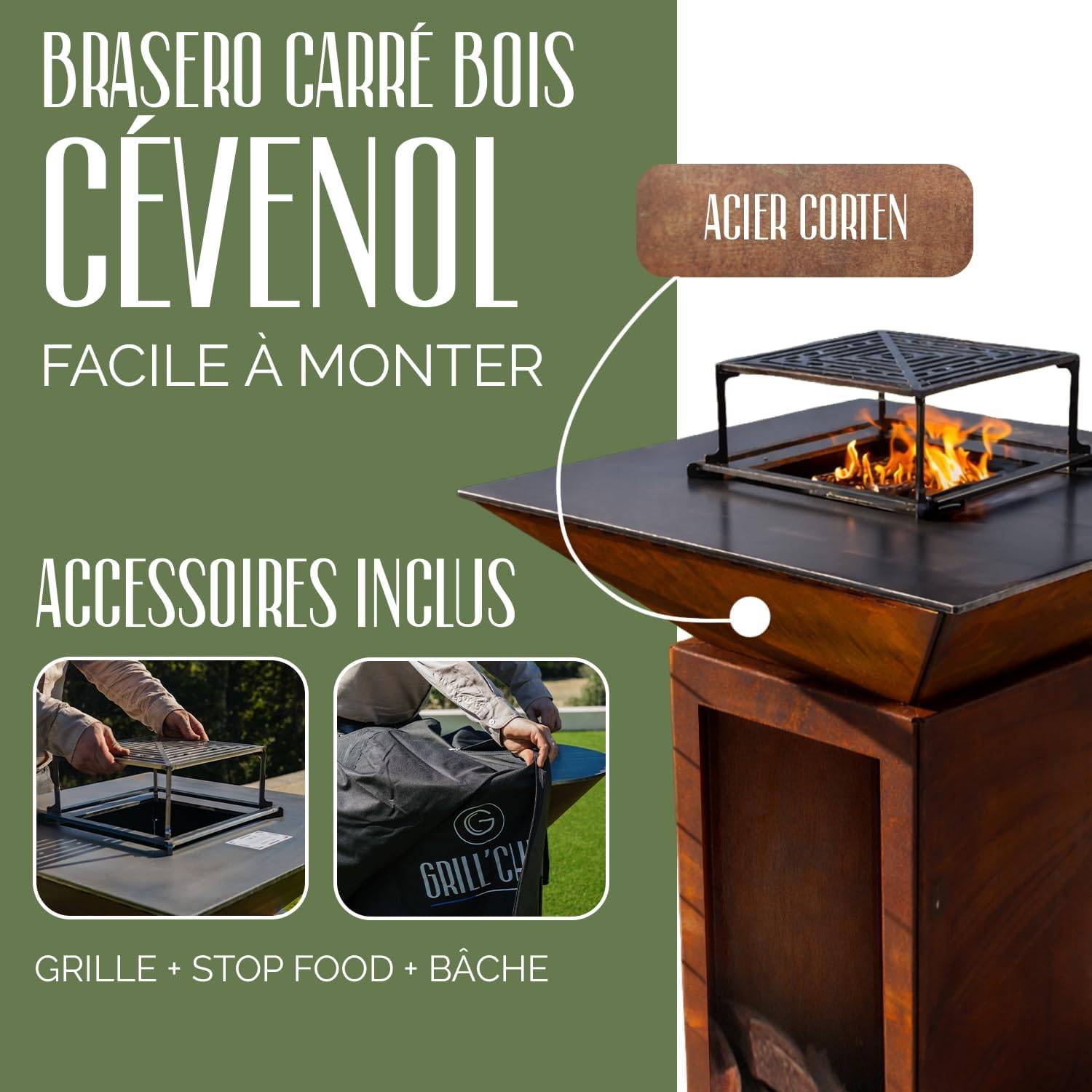 GRILL'CHIC - Pack Privilège Brasero Cévenol Corten Bois Carré - Simple Cuve - Avec Bâche + Grille + Stop Food Inclus - À Assembler - Fabriqué en - Image 5