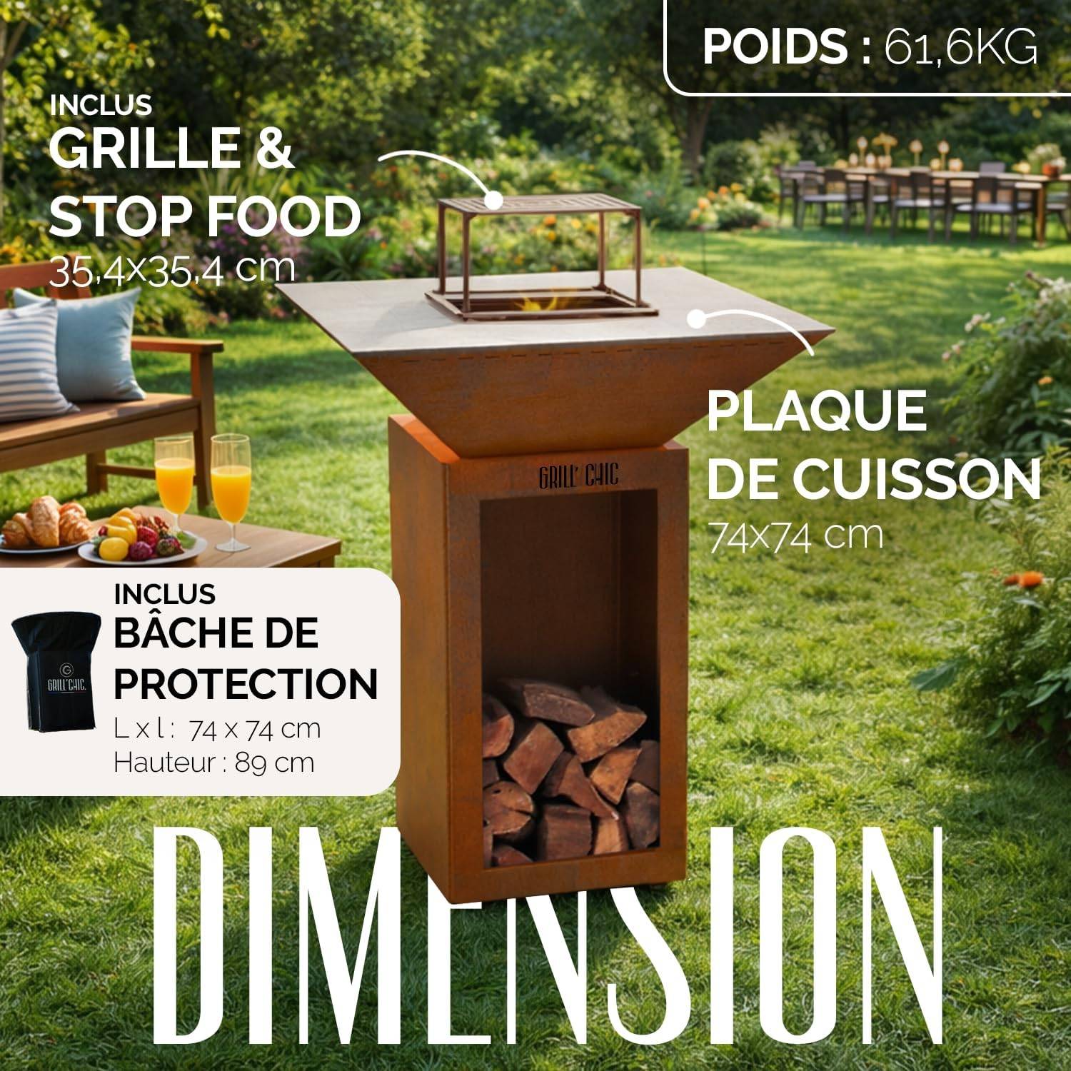 GRILL'CHIC - Pack Privilège Brasero Cévenol Corten Bois Carré - Simple Cuve - Avec Bâche + Grille + Stop Food Inclus - À Assembler - Fabriqué en - Image 3