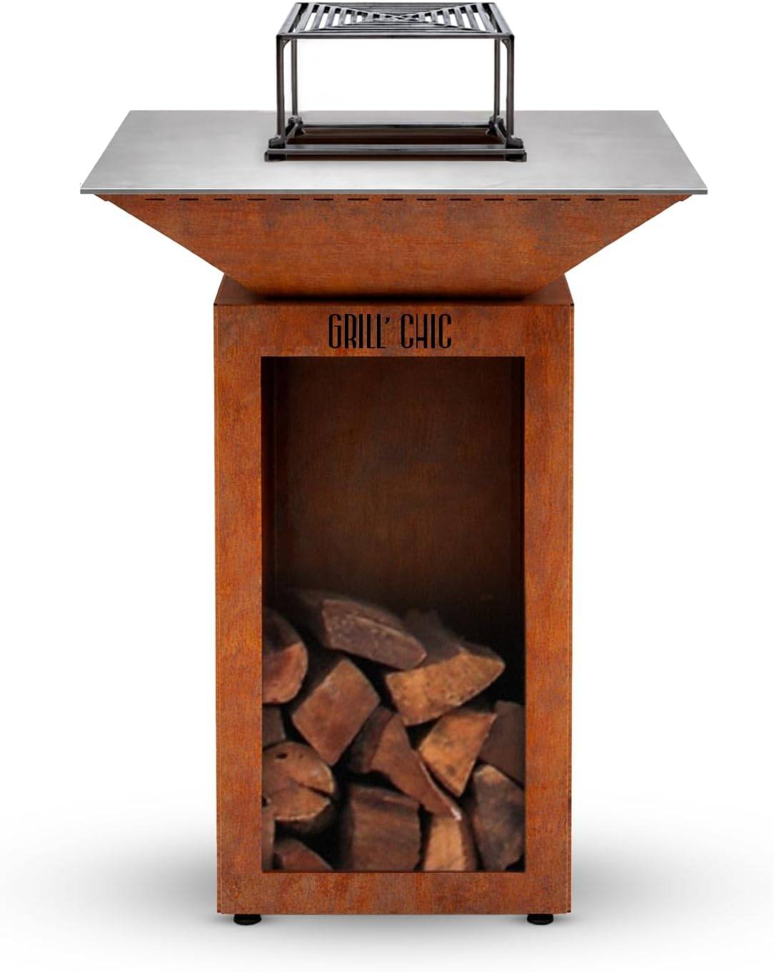 GRILL'CHIC - Pack Privilège Brasero Cévenol Corten Bois Carré - Simple Cuve - Avec Bâche + Grille + Stop Food Inclus - À Assembler - Fabriqué en