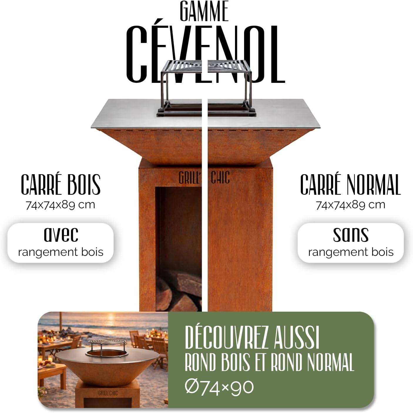 GRILL'CHIC - Pack Privilège Brasero Cévenol Corten Bois Carré - Simple Cuve - Avec Bâche + Grille + Stop Food Inclus - À Assembler - Fabriqué en - Image 6