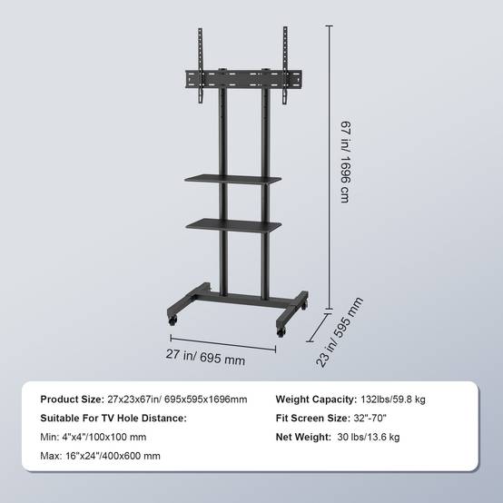 VEVOR Support TV sur pied universel 32-70'', hauteur réglable 151-170cm, charge 60kg, VESA 400x600mm. - Image 7