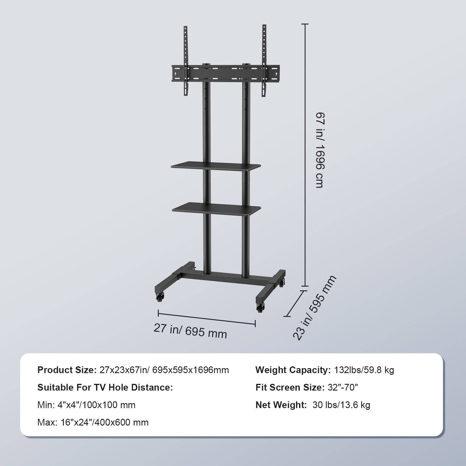 VEVOR Support TV sur pied universel 32-70'', hauteur réglable 151-170cm, charge 60kg, VESA 400x600mm. - Image 7