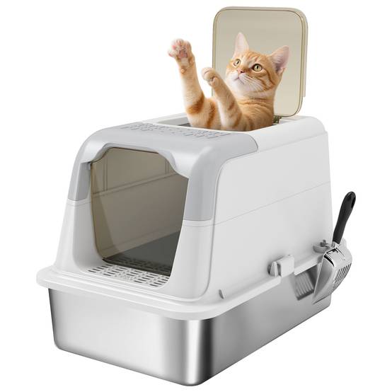 Maison de toilette Acier Inoxydable chats Sortie par le haut 60x40x41cm Blanc - ComfortXL Outdoor Living - Image 1