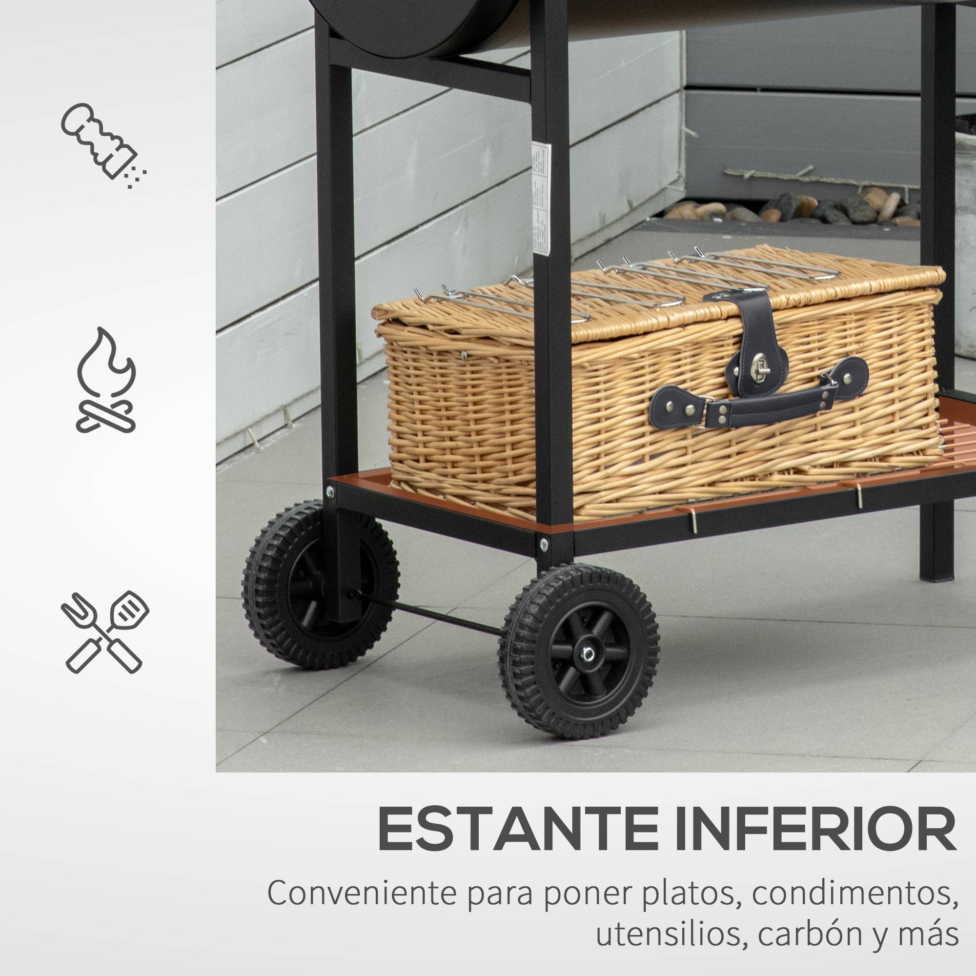 Barbecue à charbon avec grille à hauteur réglable pour extérieur, barbecue portable avec étagère de stockage et roues, 90x45x96 cm, couleur noire - Image 7