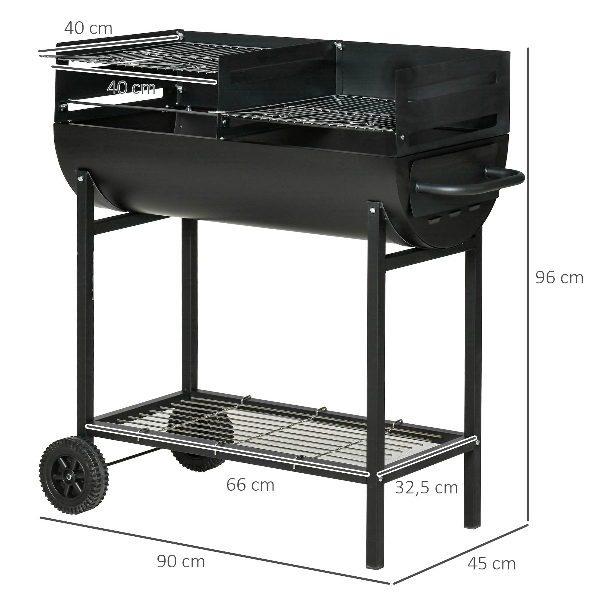 Barbecue à charbon avec grille à hauteur réglable pour extérieur, barbecue portable avec étagère de stockage et roues, 90x45x96 cm, couleur noire - Image 5