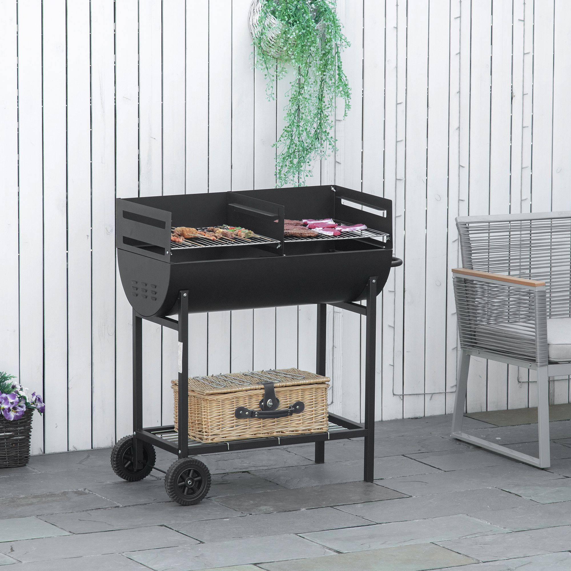 Barbecue à charbon avec grille à hauteur réglable pour extérieur, barbecue portable avec étagère de stockage et roues, 90x45x96 cm, couleur noire - Image 4