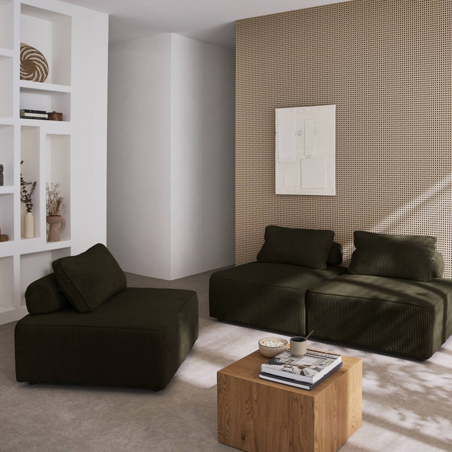 sweeek - Lot de 3 chauffeuses pour canapé modulables velours côtelé vert foncé avec un coussin | sweeek - Image 1