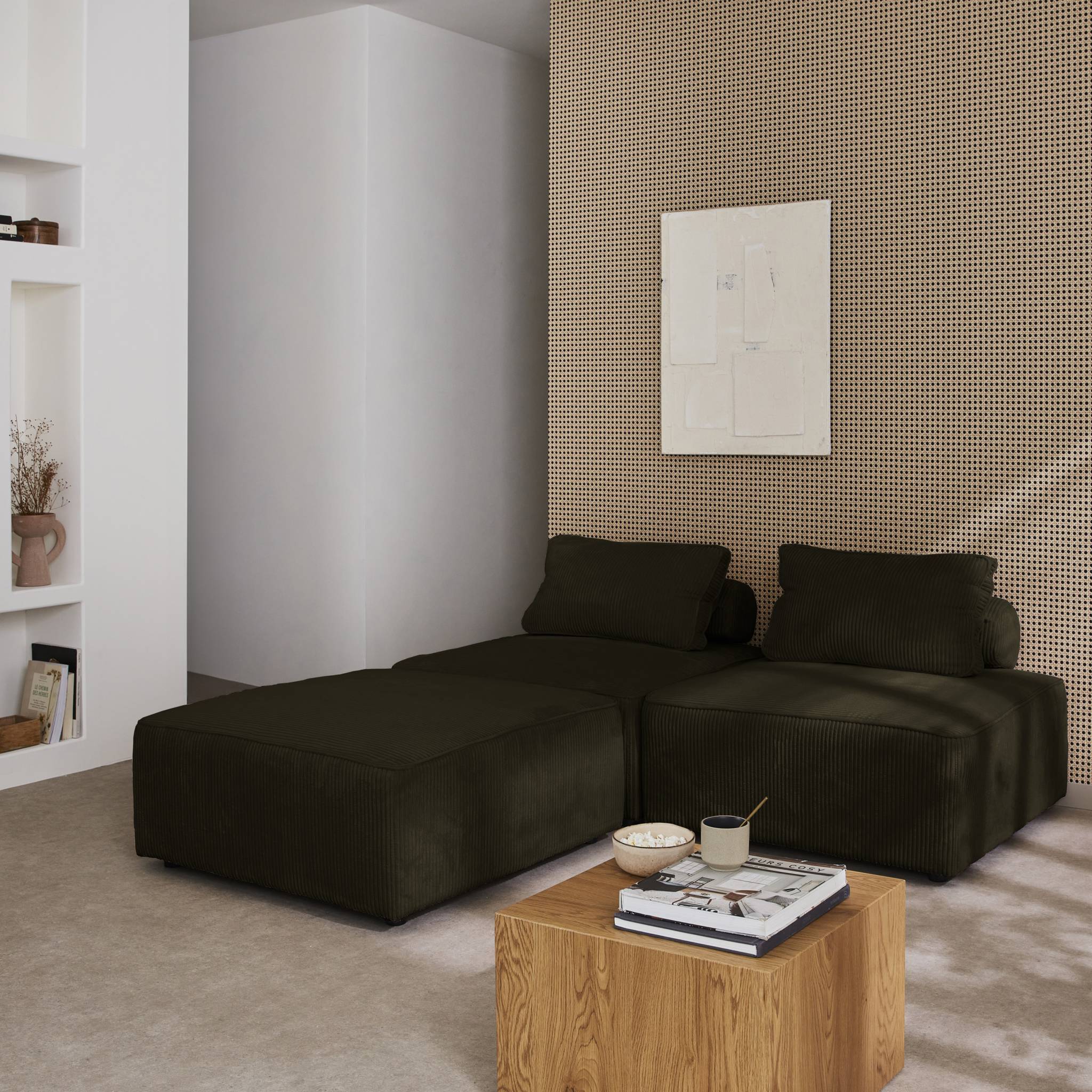 sweeek - Lot de 3 chauffeuses pour canapé modulables velours côtelé vert foncé avec un coussin  | sweeek - Image 5