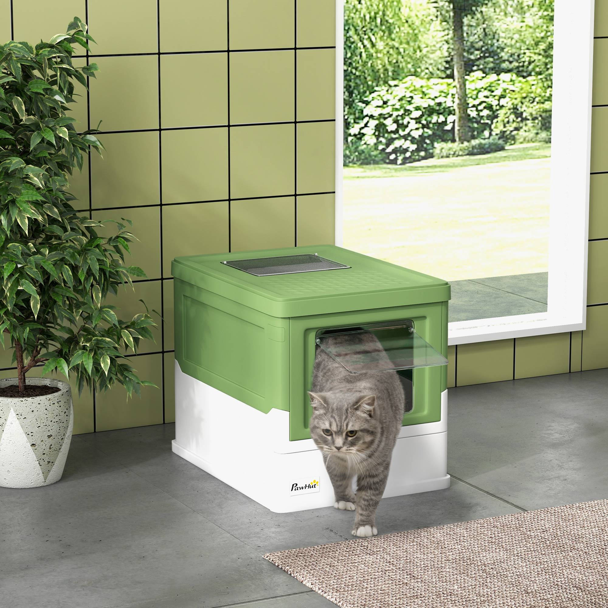 Sans Marque - Bac à litière pliable pour chat avec 2 portes, pelle à litière, 47,5 x 35,5 x 36,7 cm, blanc/vert - Image 1
