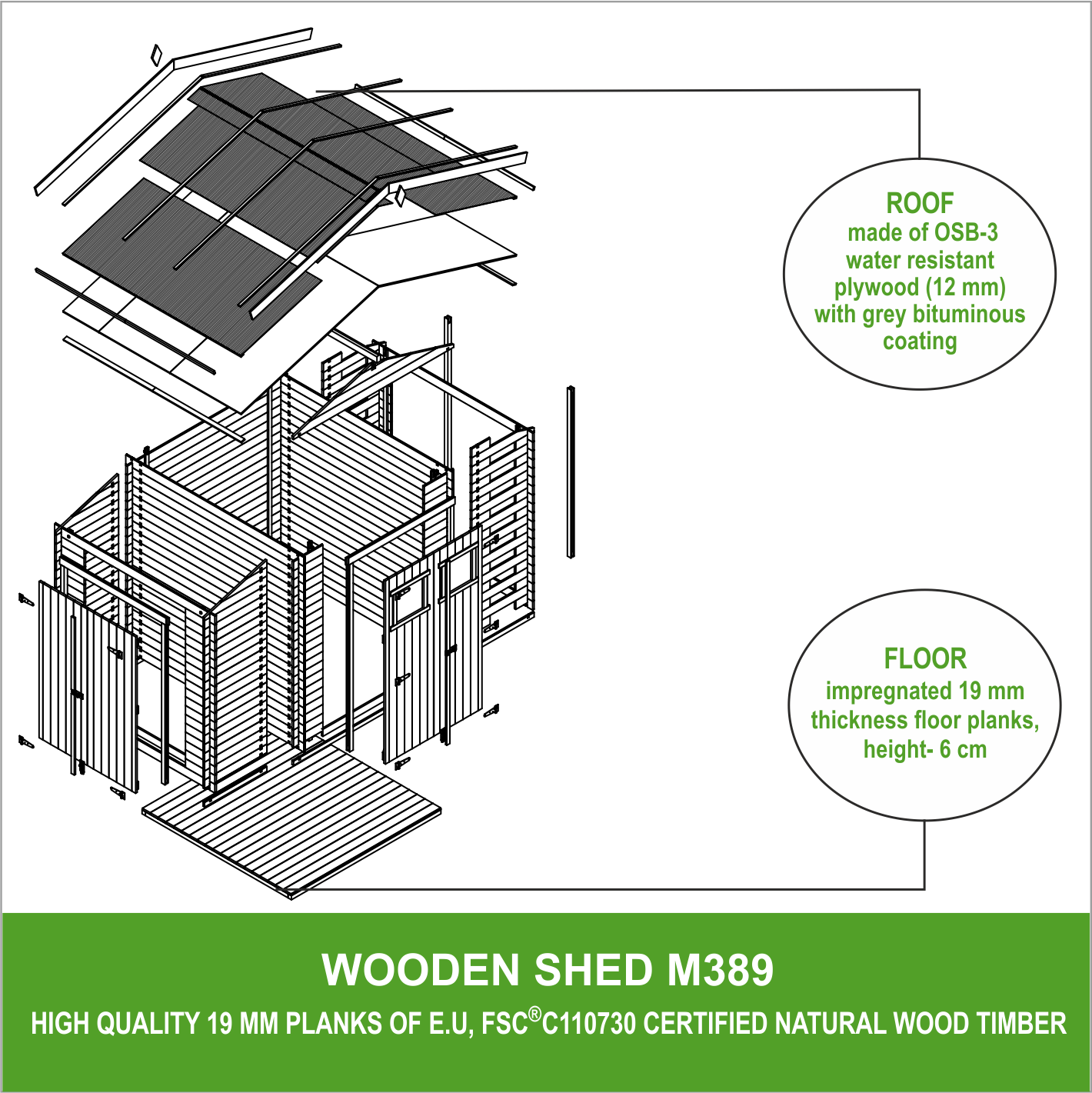 Timbela - Abri de jardin en bois et range bûches extérieur I206xL328xH218 cm / 3,53+0,97+0,97 m² avec sol traité - 19 mm d’épaisseur - Timbela M389+M389G - Image 7