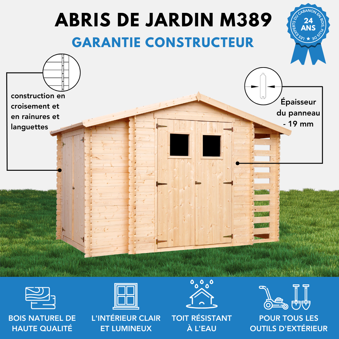 Timbela - Abri de jardin en bois et range bûches extérieur I206xL328xH218 cm / 3,53+0,97+0,97 m² avec sol traité - 19 mm d’épaisseur - Timbela M389+M389G - Image 8