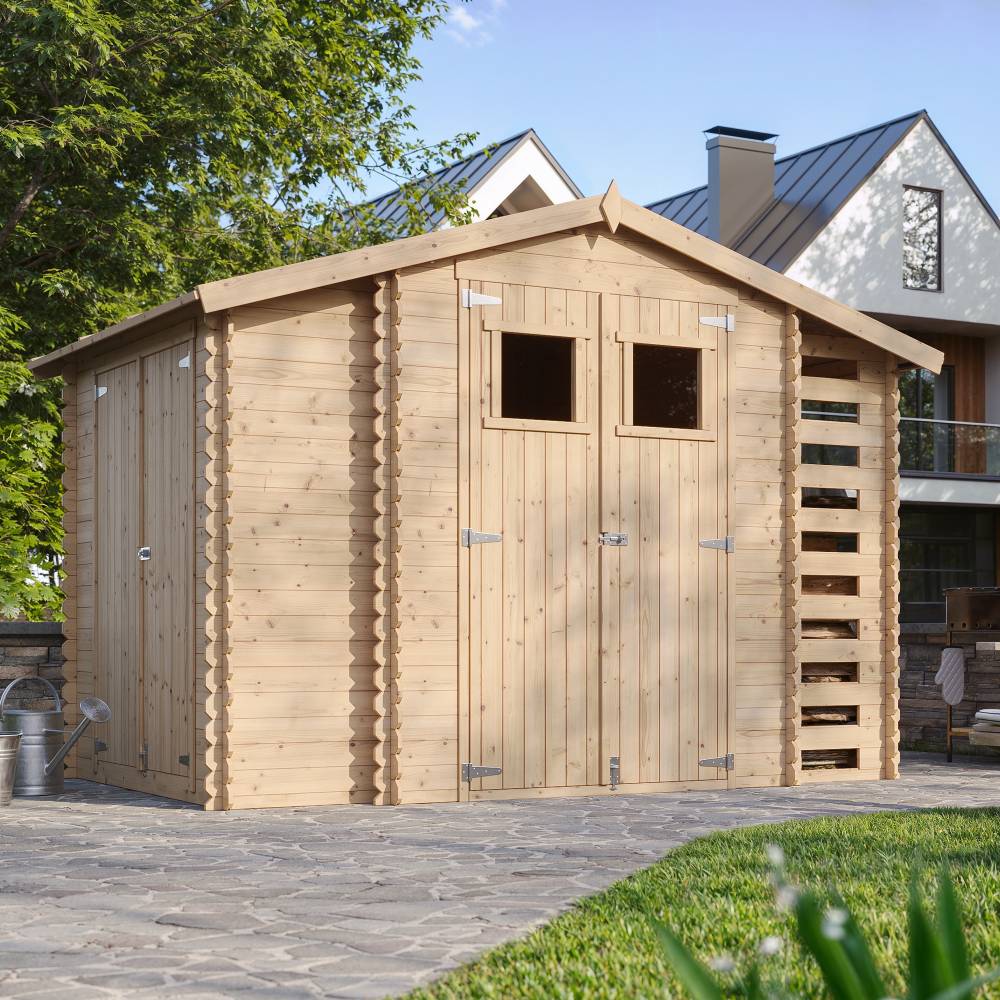 Timbela - Abri de jardin en bois et range bûches extérieur I206xL328xH218 cm / 3,53+0,97+0,97 m² avec sol traité - 19 mm d’épaisseur - Timbela M389+M389G - Image 1