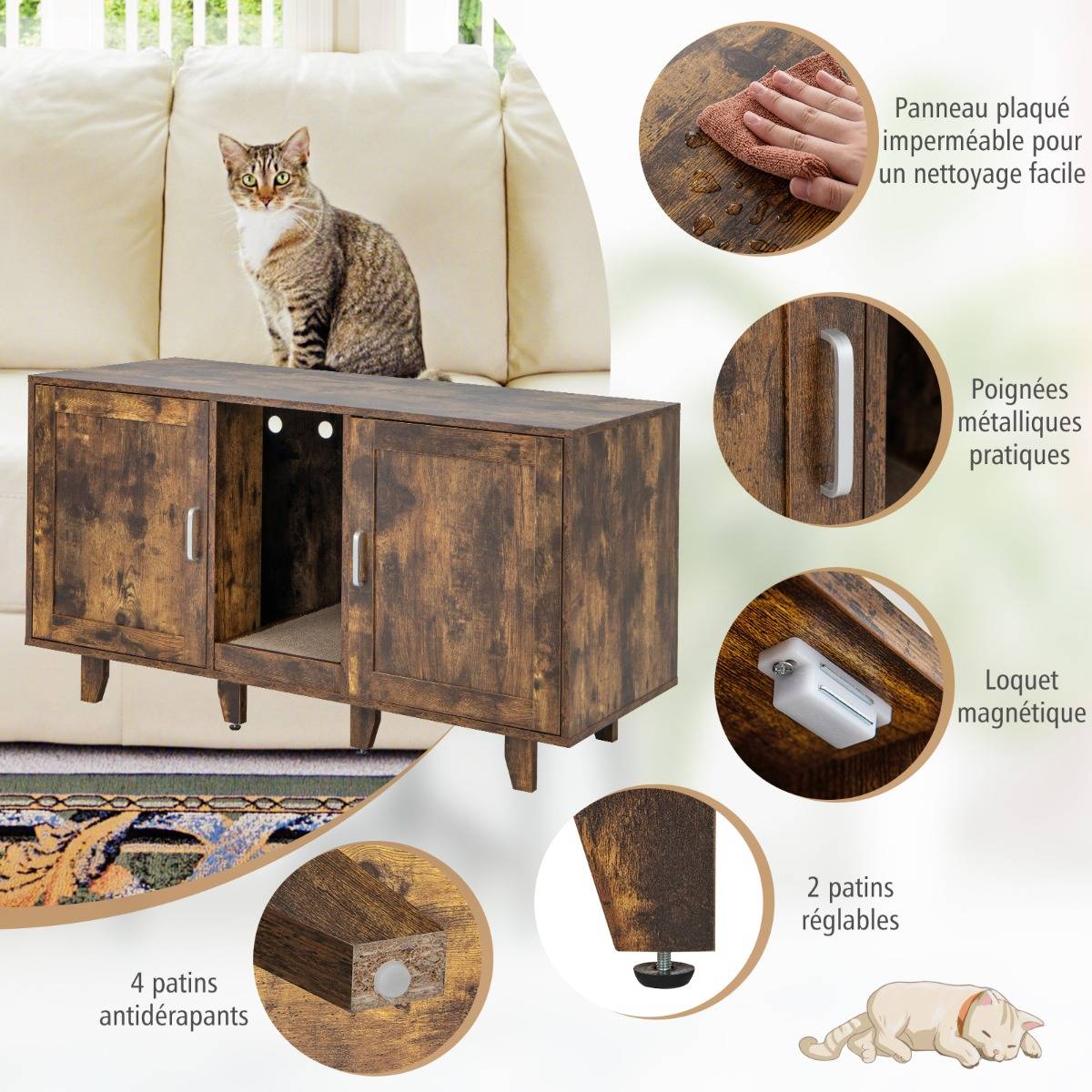 Maison de Toilette pour Chat 2 Portes Planche à Gratter Amovible Meuble Bac à Litière pour Chat 2 Compartiments Marron Rustique - Image 5