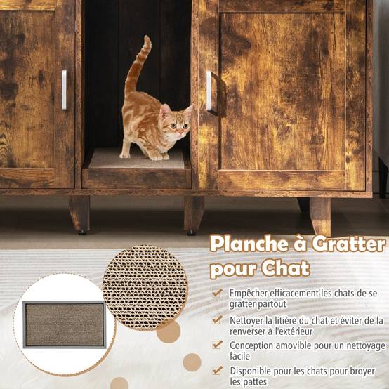 Maison de Toilette pour Chat 2 Portes Planche à Gratter Amovible Meuble Bac à Litière pour Chat 2 Compartiments Marron Rustique - Image 6
