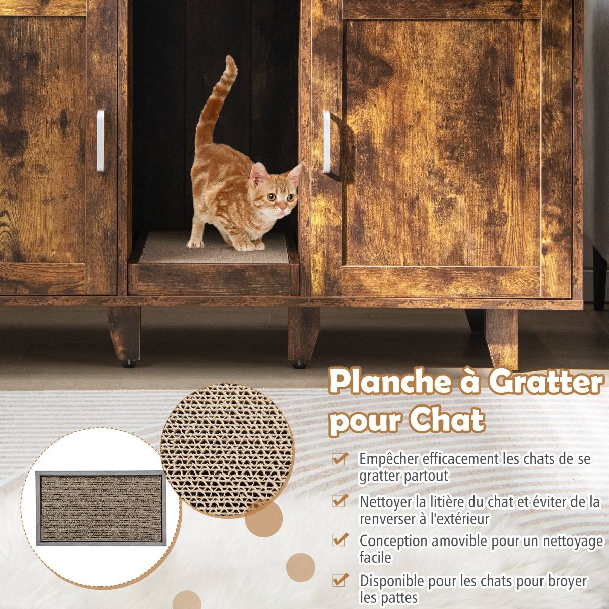 Maison de Toilette pour Chat 2 Portes Planche à Gratter Amovible Meuble Bac à Litière pour Chat 2 Compartiments Marron Rustique - Image 6