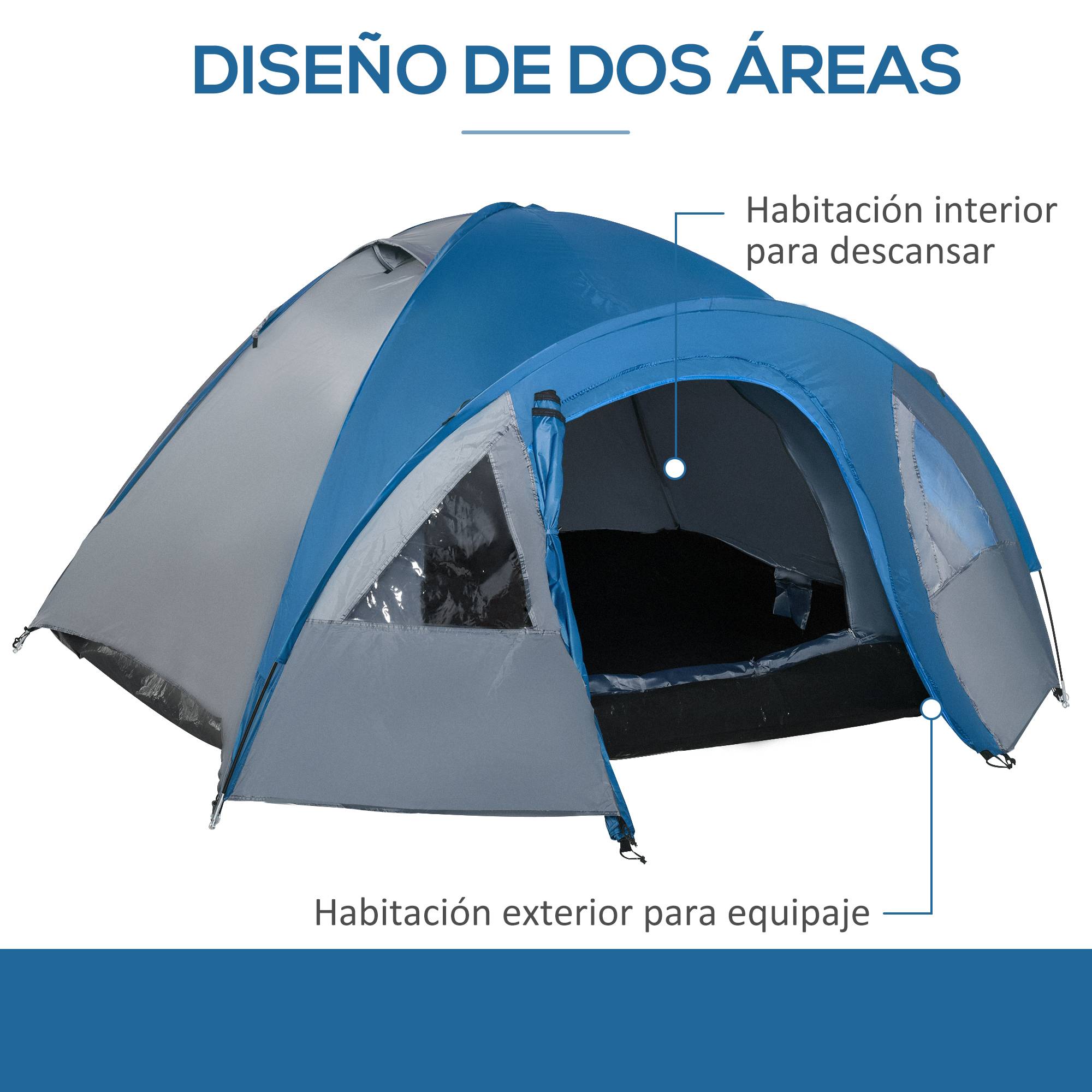 Tente 3 personnes avec fenêtres, 2 poches et sac de transport, 250 x 300 x 130 cm, grise et bleue - Image 7