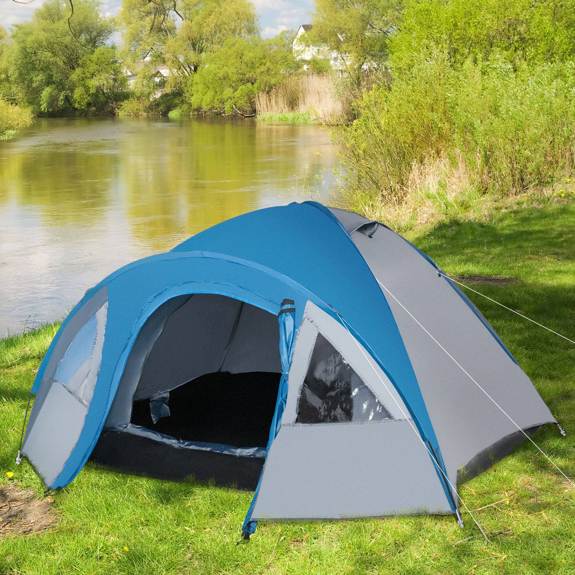 Tente 3 personnes avec fenêtres, 2 poches et sac de transport, 250 x 300 x 130 cm, grise et bleue - Image 4