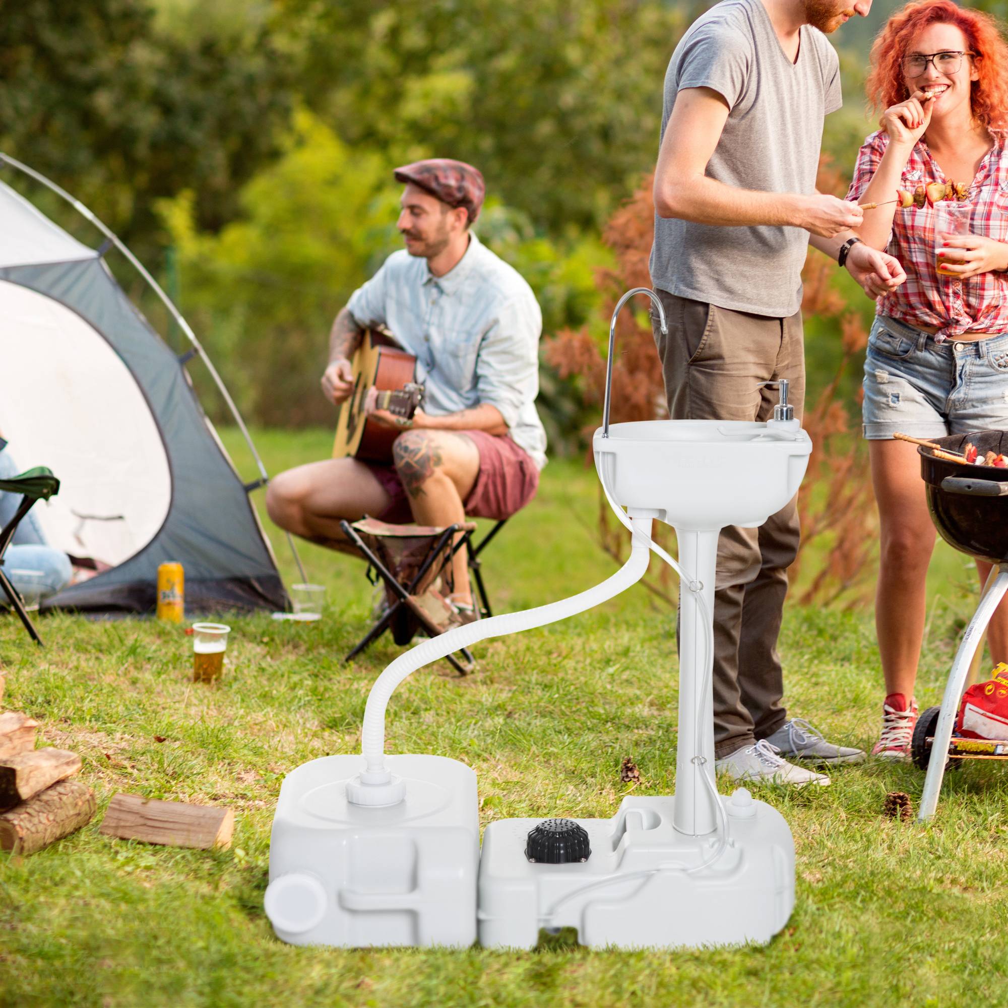Lavabo camping bac récupération savon 17 L portable gris clair, hygiène mobile extérieur - Image 4