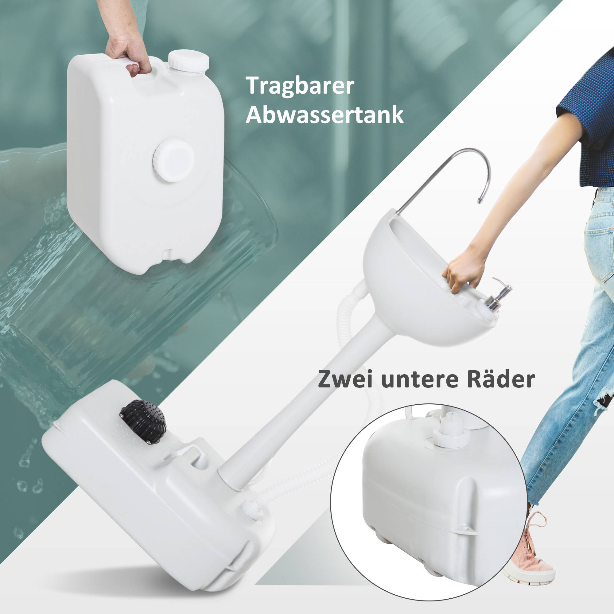 Lavabo camping bac récupération savon 17 L portable gris clair, hygiène mobile extérieur - Image 9