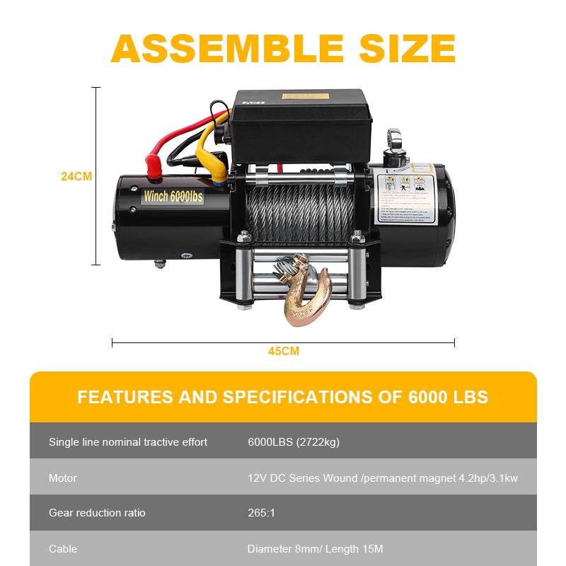 Treuil électrique 12V 6000 LBS / 2722 Kg, 15 mètres de câble, 30 mètres de commande sans fil - Image 2