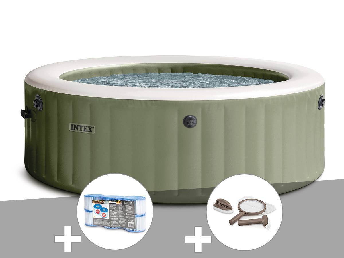 Kit spa gonflable Intex PureSpa Olive rond Bulles 4 places + 6 filtres + Kit d'entretien