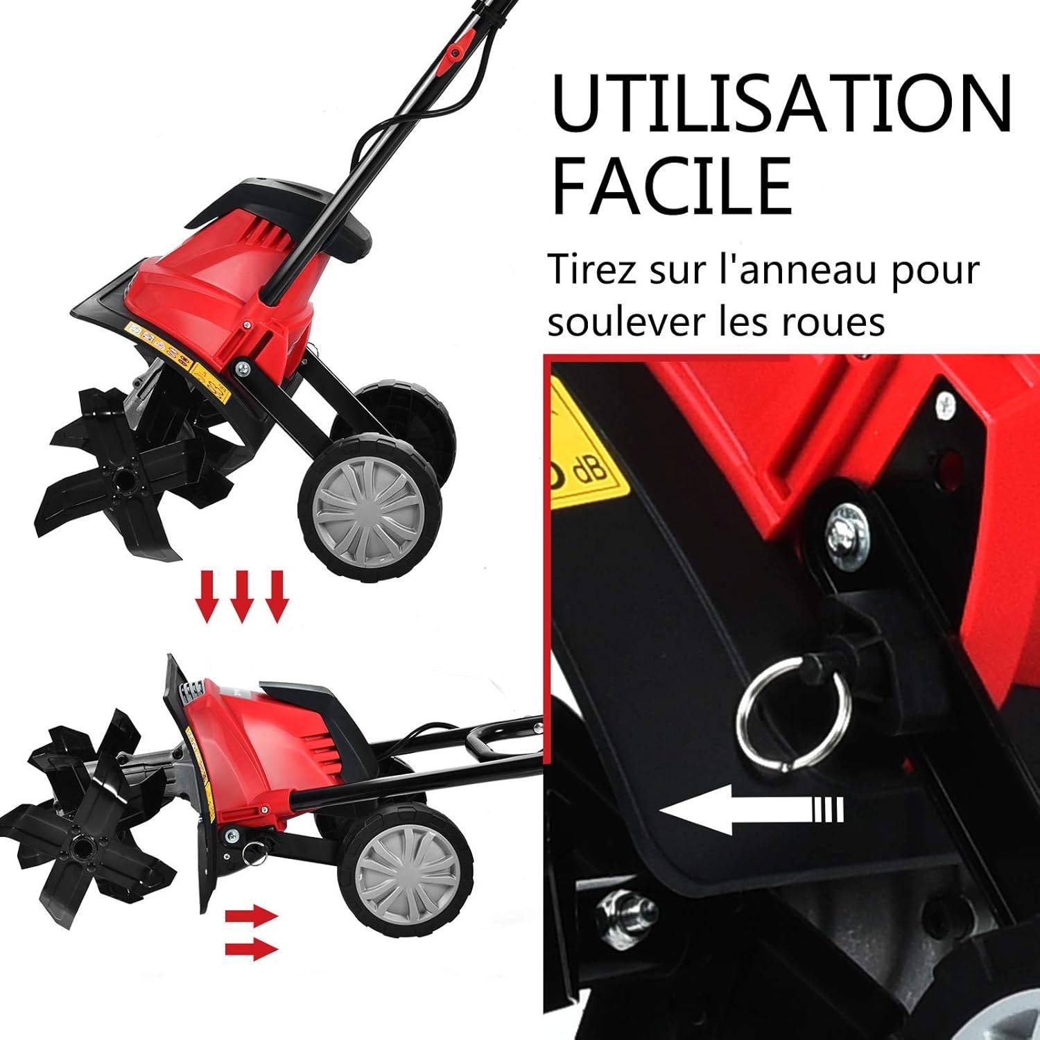 Motobineuse Électrique 1200W Profondeur de Travail 22CM Largeur de 35CM avec Poignée Pliable et Roues Réglables 4 Lames - Image 4