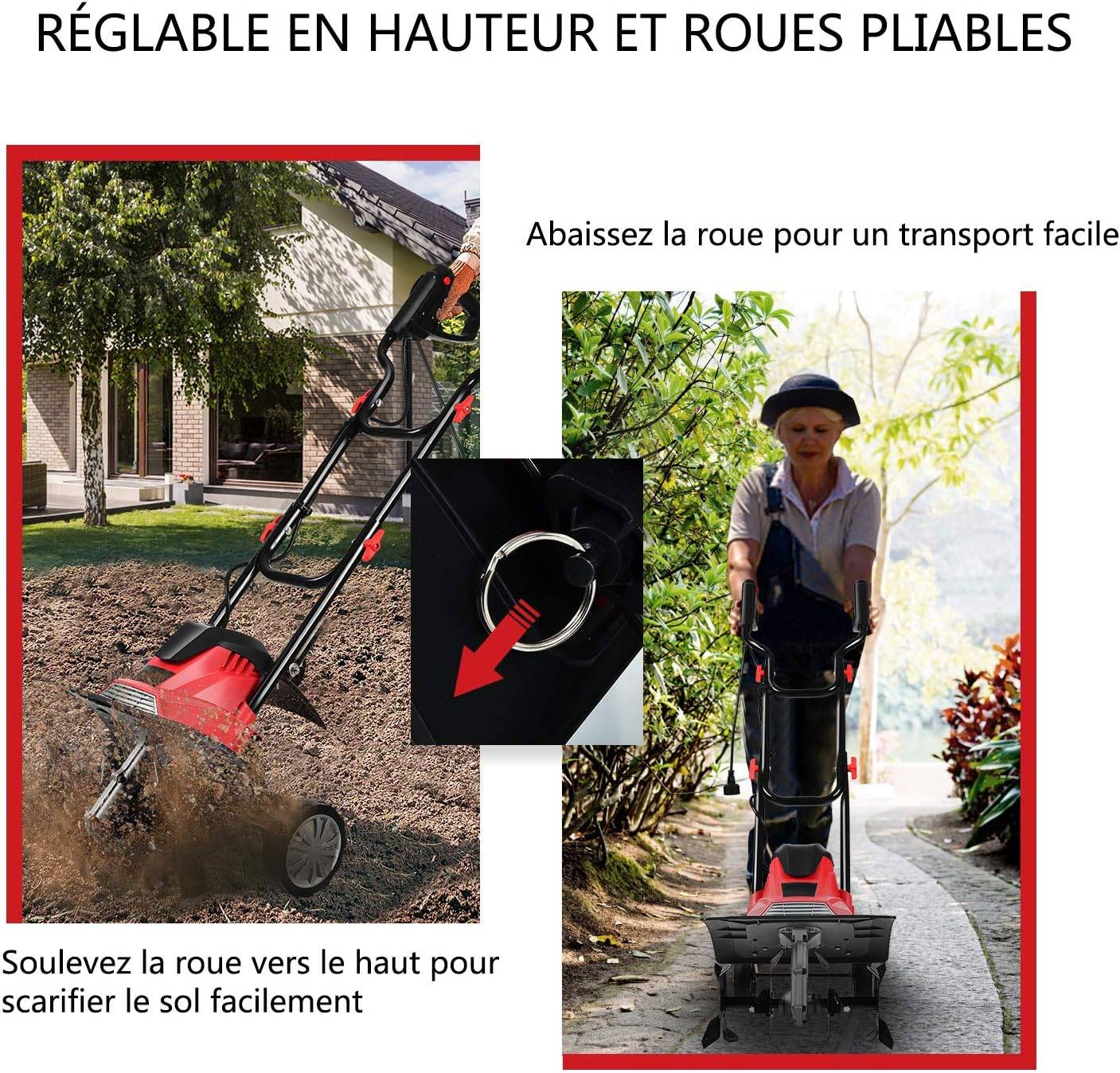 Motobineuse Électrique 1200W Profondeur de Travail 22CM Largeur de 35CM avec Poignée Pliable et Roues Réglables 4 Lames - Image 5