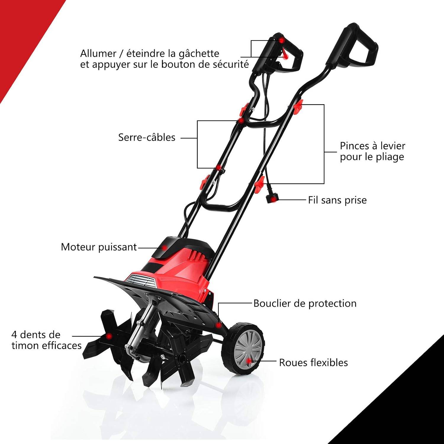 Motobineuse Électrique 1200W Profondeur de Travail 22CM Largeur de 35CM avec Poignée Pliable et Roues Réglables 4 Lames - Image 3