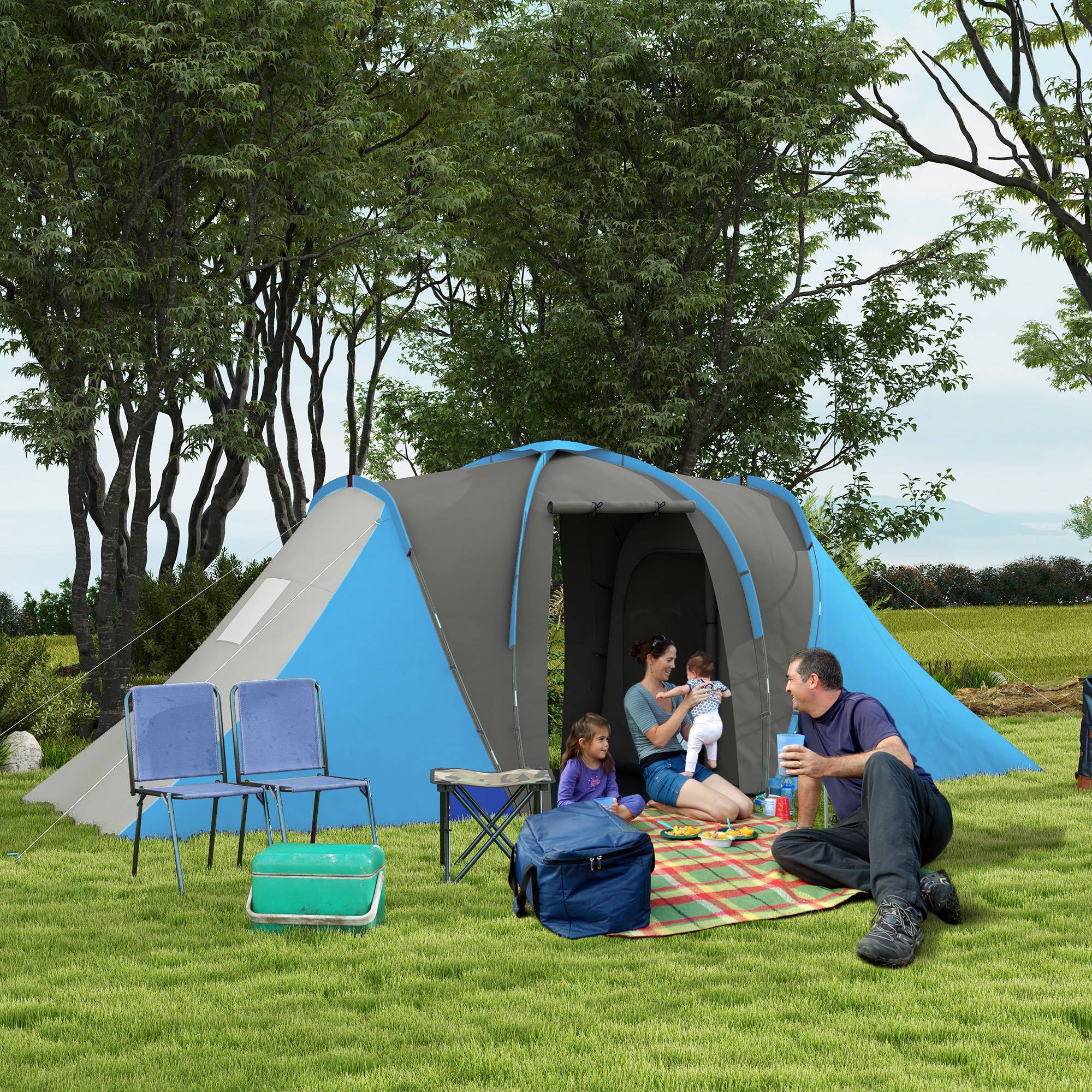 Tente 4-6 personnes avec 2 chambres, imperméable (3000 mm), 555 x 225 x 190 cm, grise et bleue. - Image 4